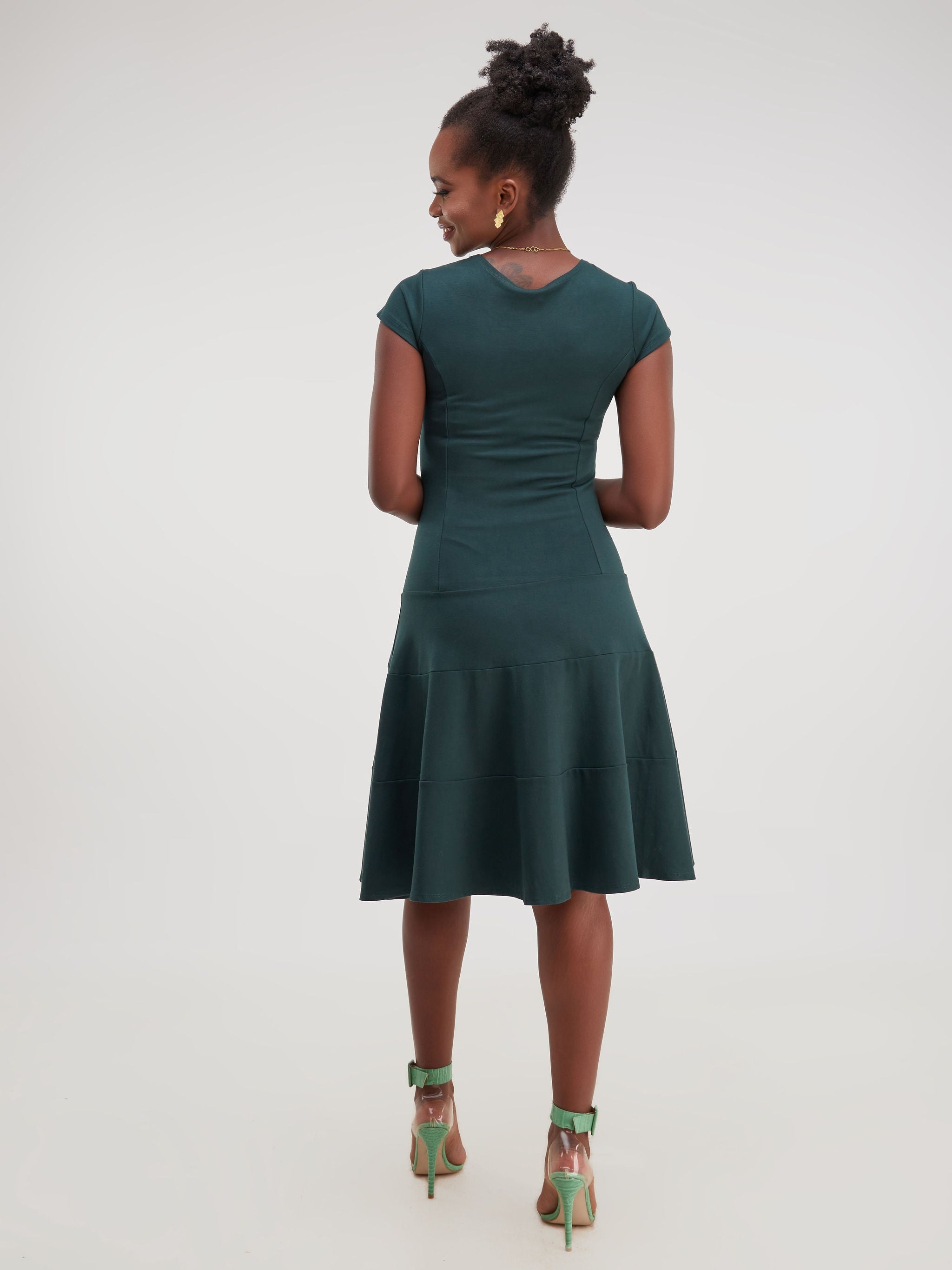 Vivo Faraji Cap Sleeved Three Tiered A-Line Dress - Dark Green