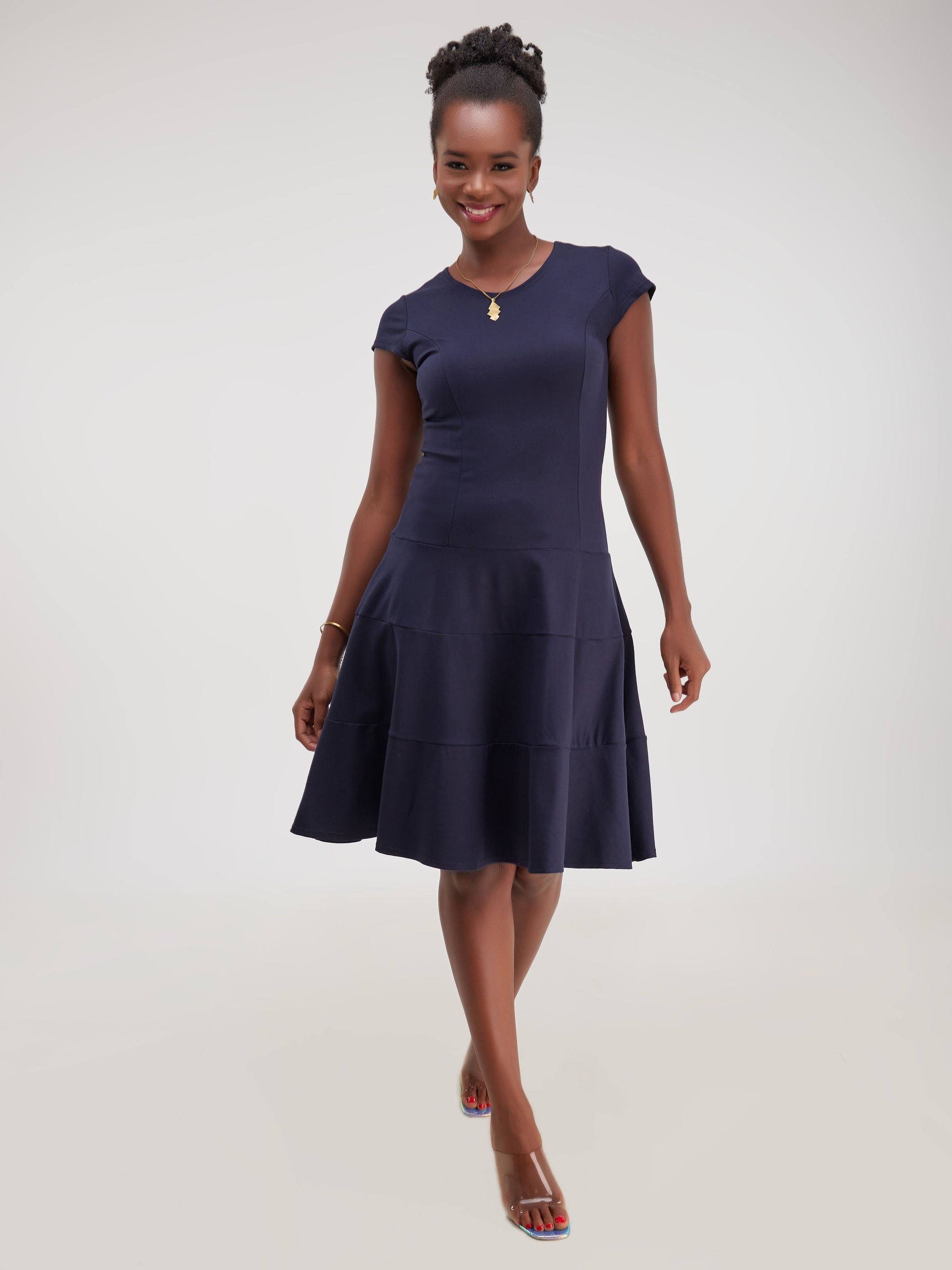 Vivo Faraji Cap Sleeved Three Tiered A-Line Dress - Navy Blue