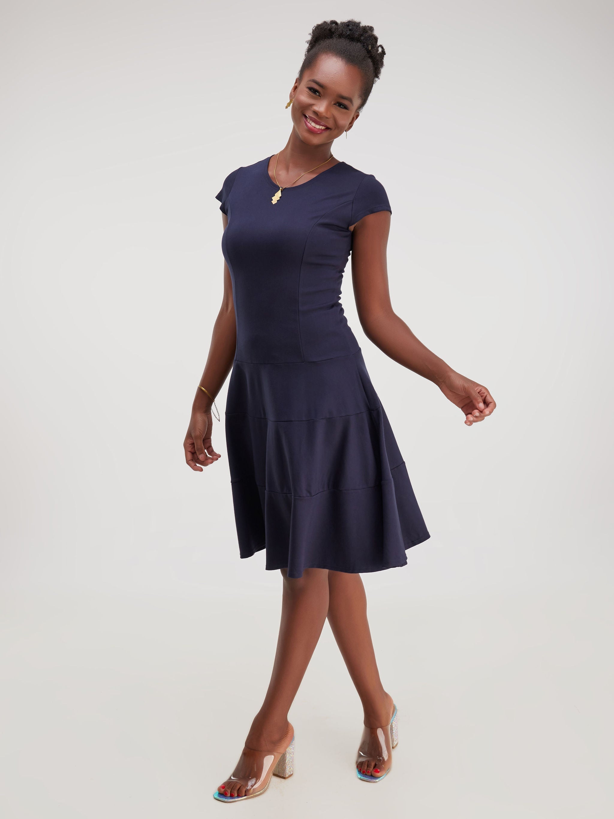 Vivo Faraji Cap Sleeved Three Tiered A-Line Dress - Navy Blue