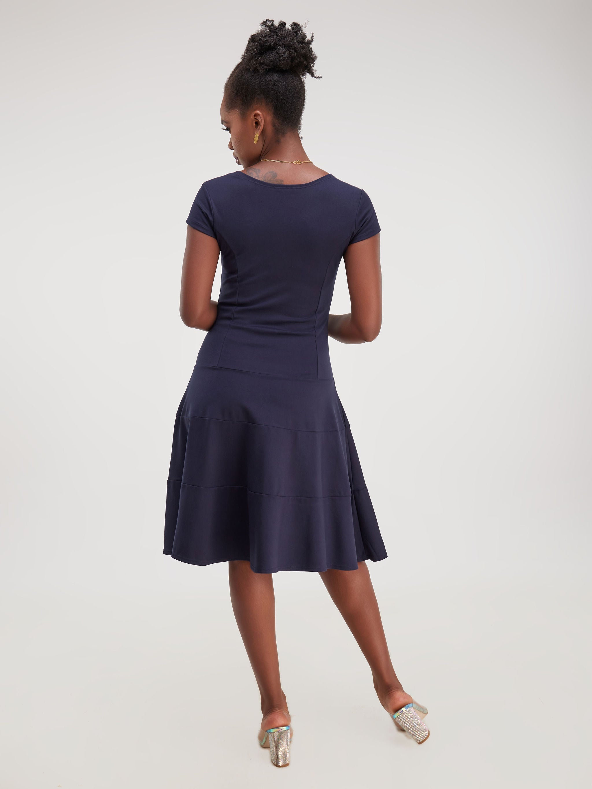 Vivo Faraji Cap Sleeved Three Tiered A-Line Dress - Navy Blue