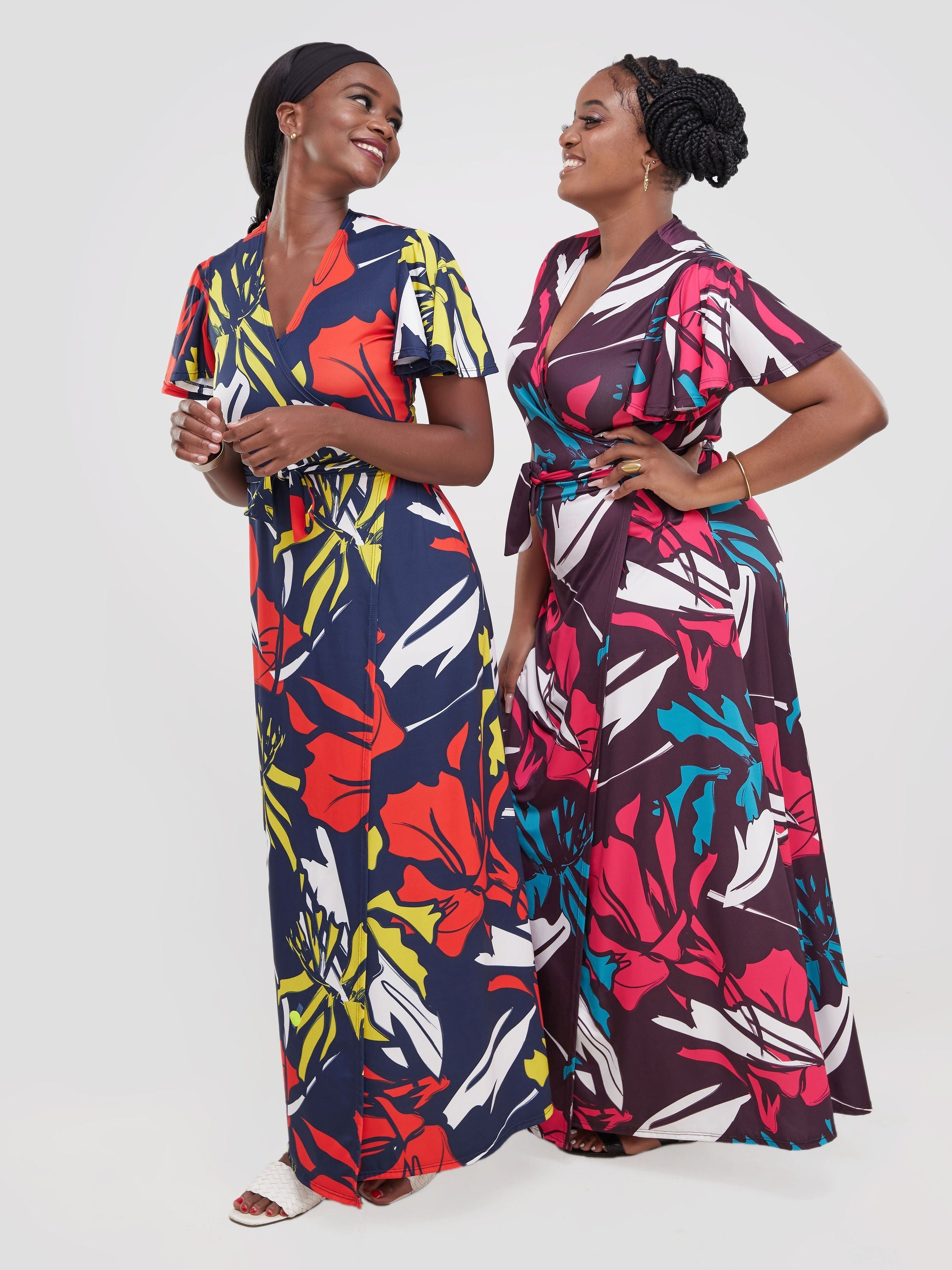 Vivo Ruwa Flounce Sleeve Wrap Maxi Dress - Navy / Orange Print