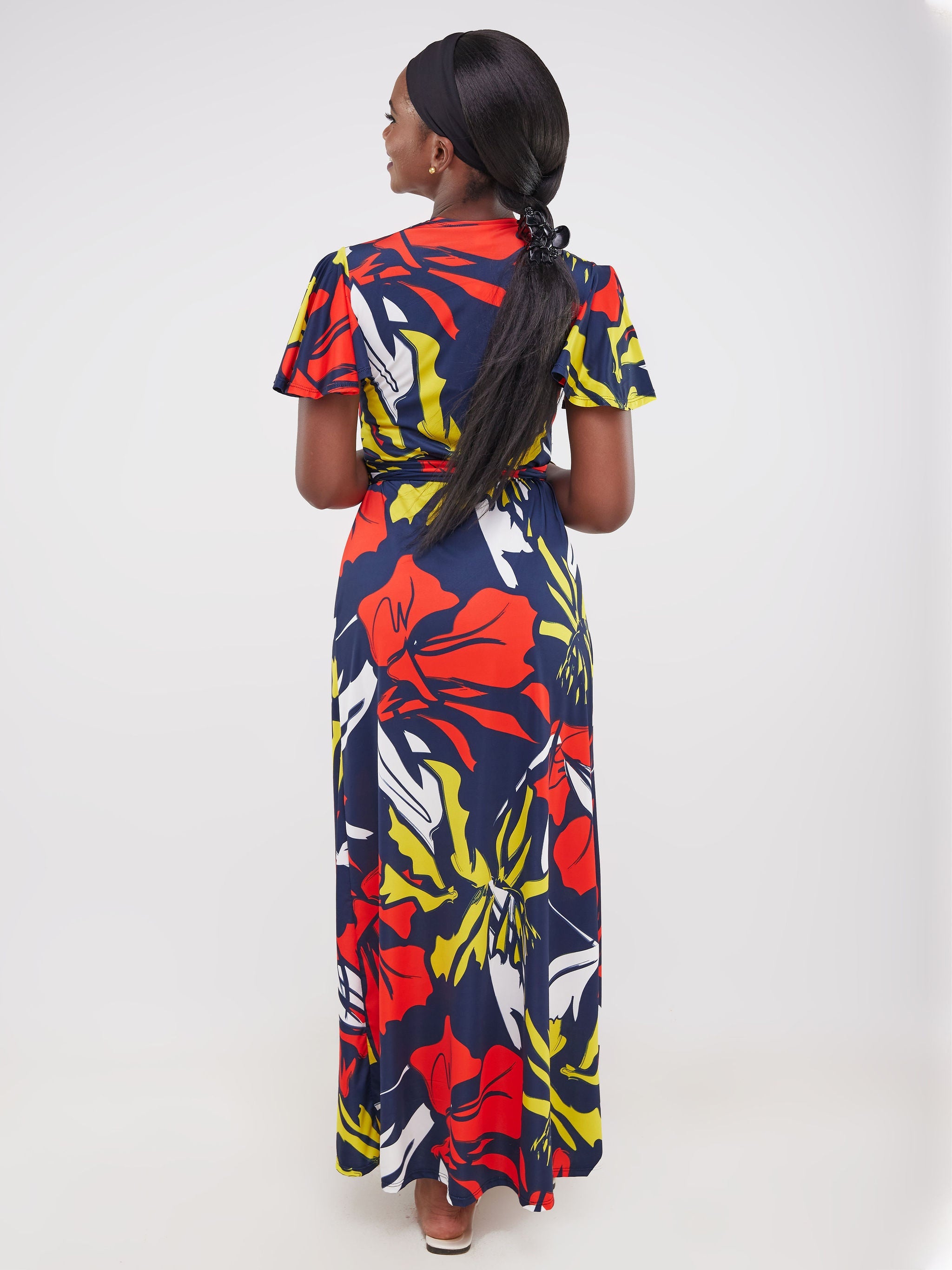 Vivo Ruwa Flounce Sleeve Wrap Maxi Dress - Navy / Orange Print