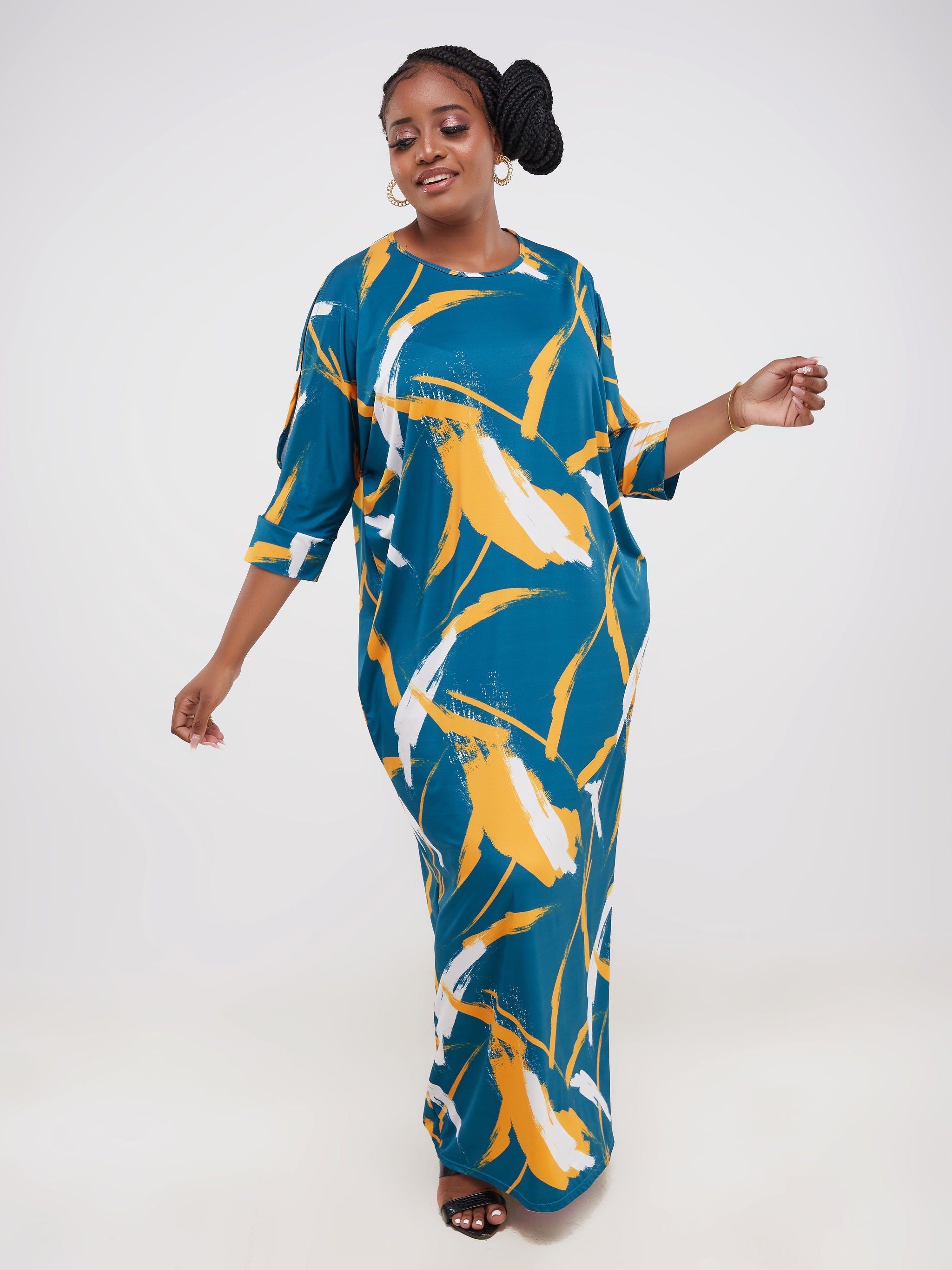 Vivo Ruwa Cold Shoulder Dolman Maxi Dress - Teal / Yellow Abstract Print