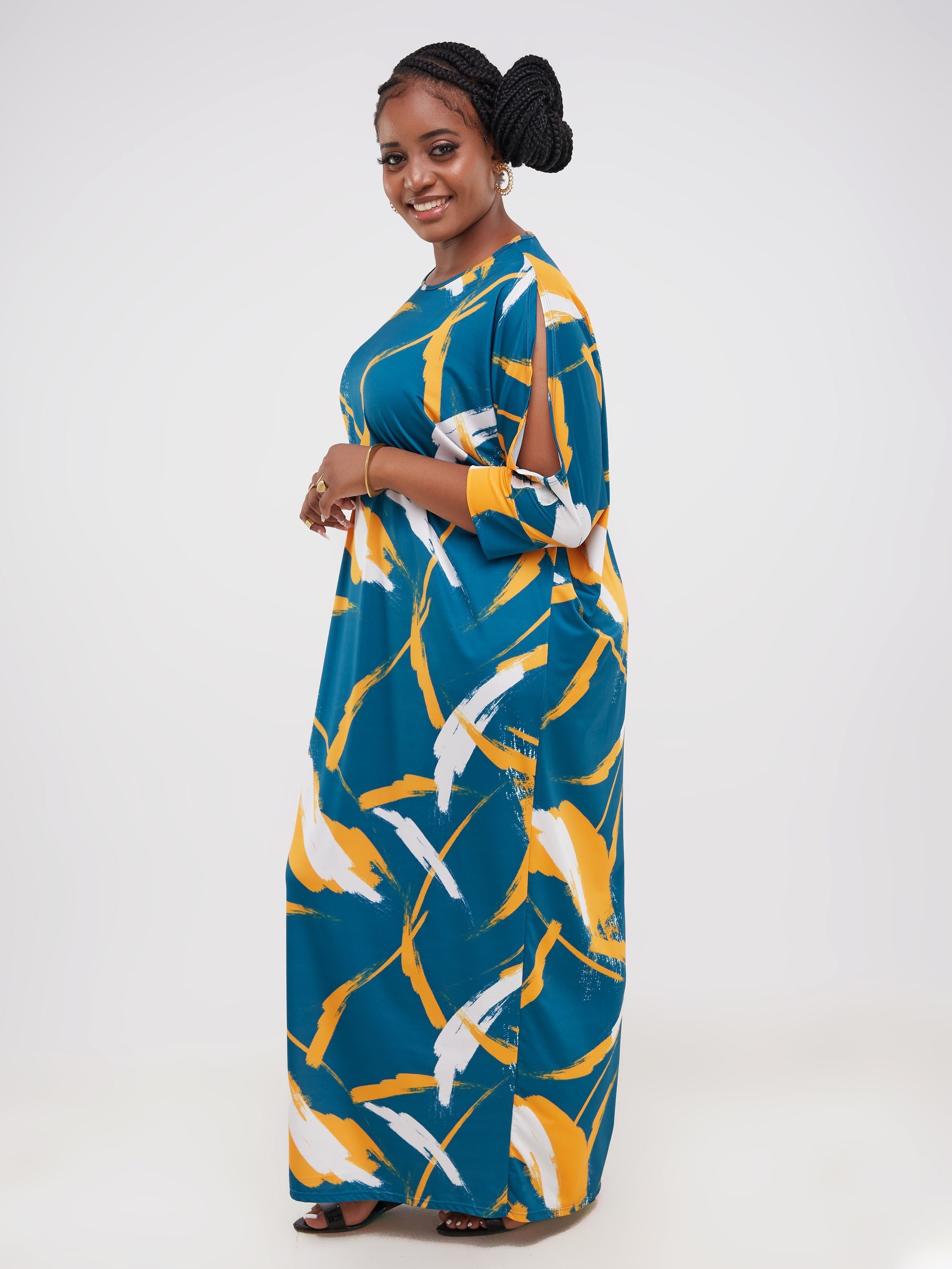 Vivo Ruwa Cold Shoulder Dolman Maxi Dress - Teal / Yellow Abstract Print