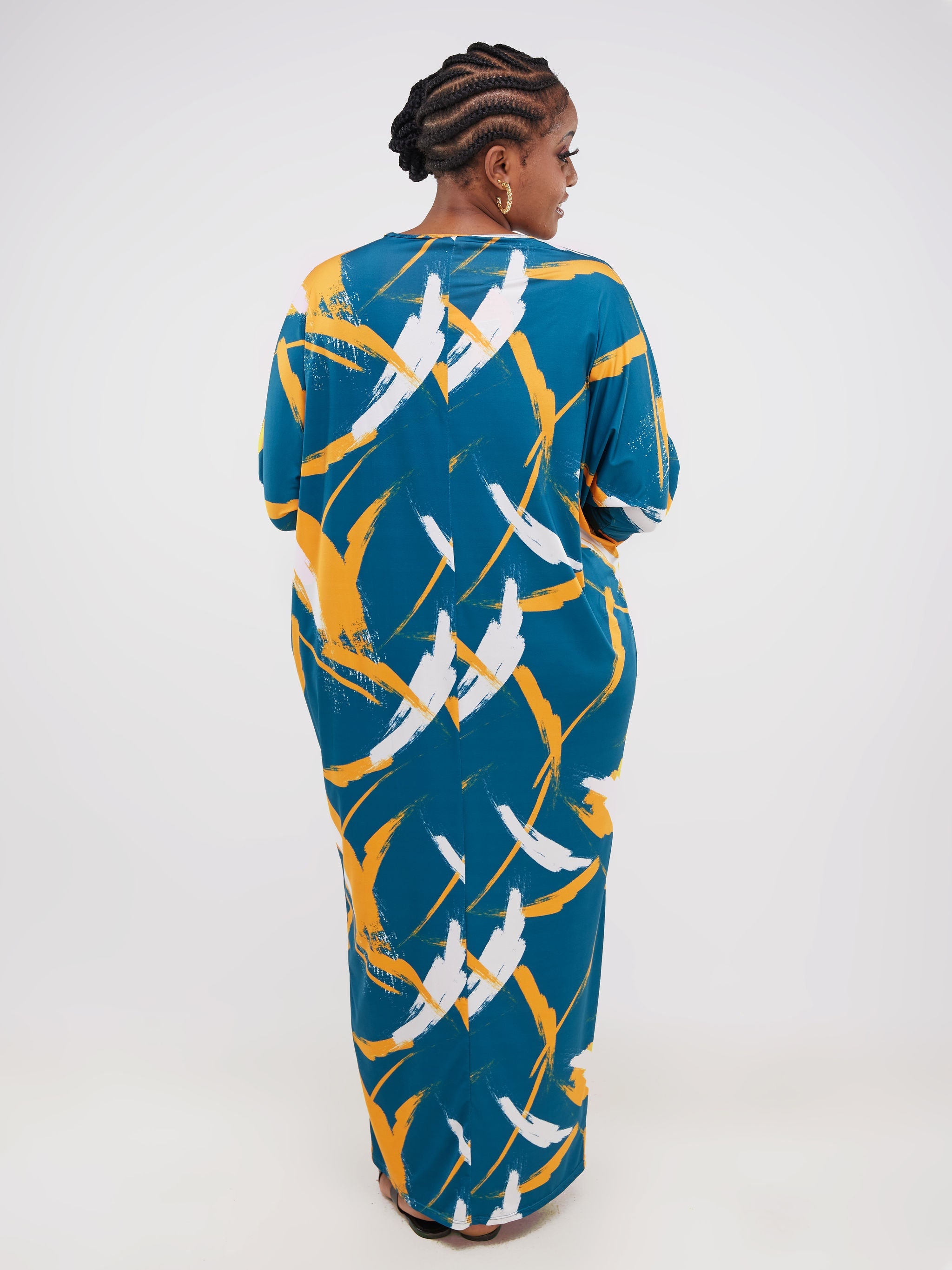 Vivo Ruwa Cold Shoulder Dolman Maxi Dress - Teal / Yellow Abstract Print