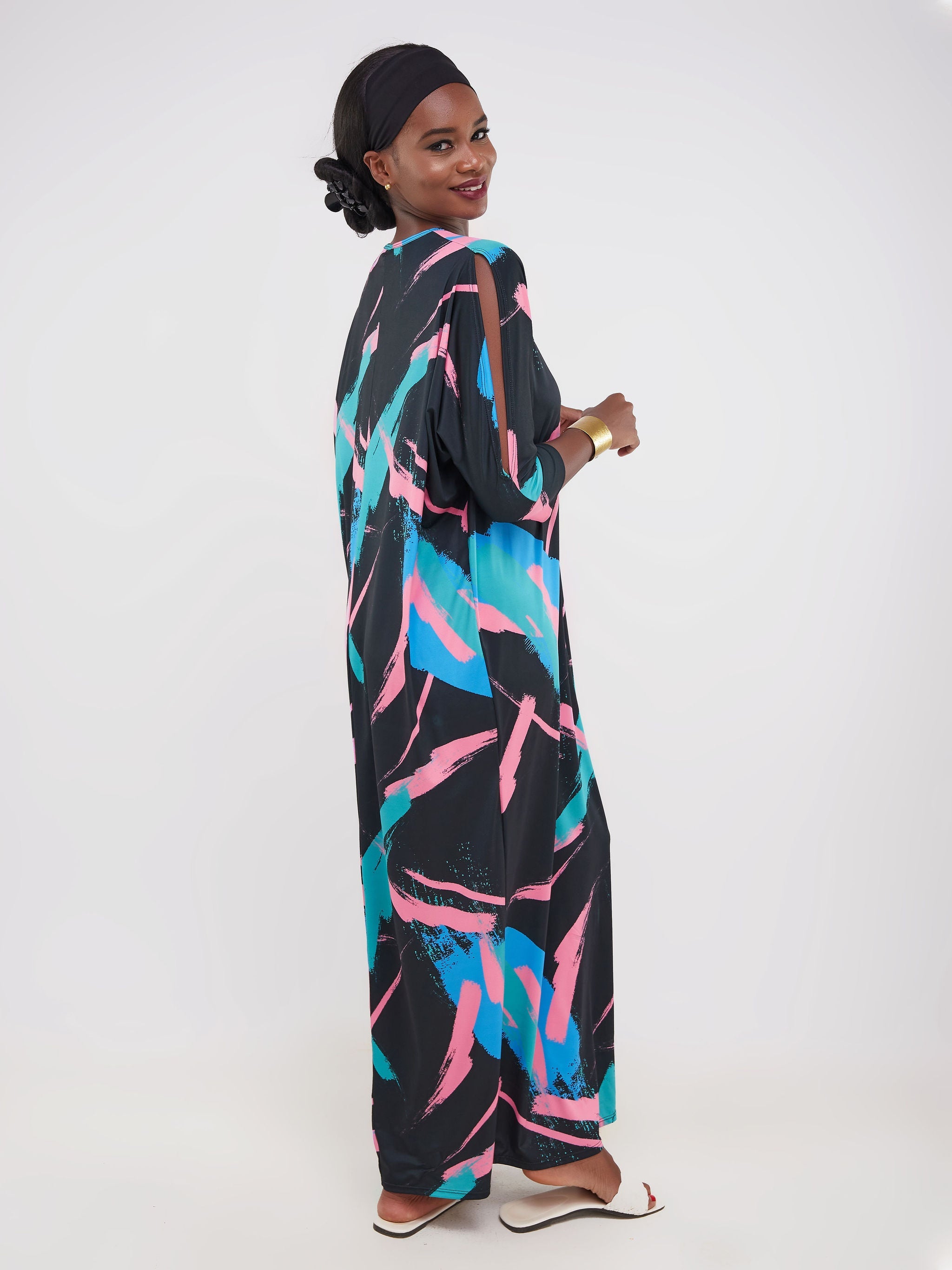 Vivo Ruwa Cold Shoulder Dolman Maxi Dress - Black / Pink Abstract Print