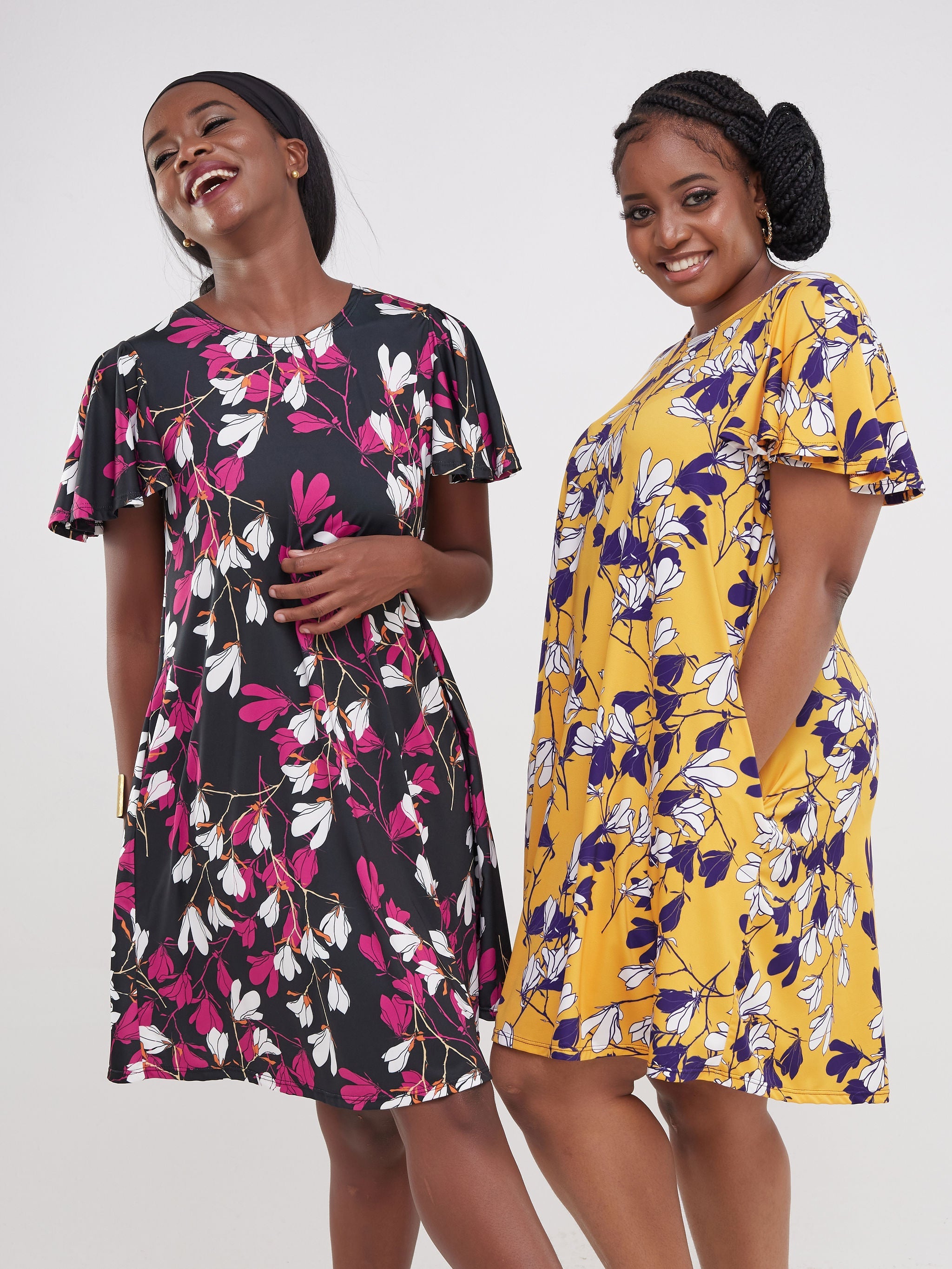 Vivo Ruwa Flounce Sleeve Knee Length Tent Dress - Yellow / Purple Flowers Print