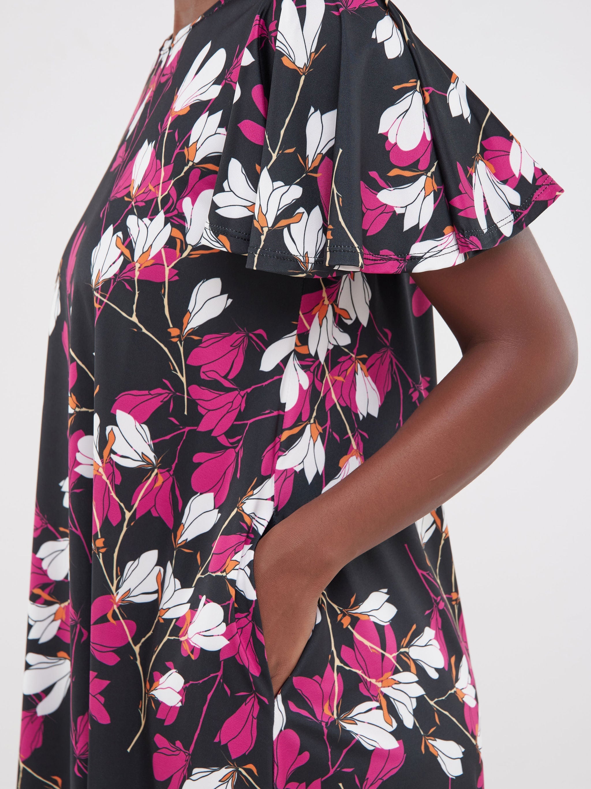 Vivo Ruwa Flounce Sleeve Knee Length Tent Dress - Black / Pink Flowers Print