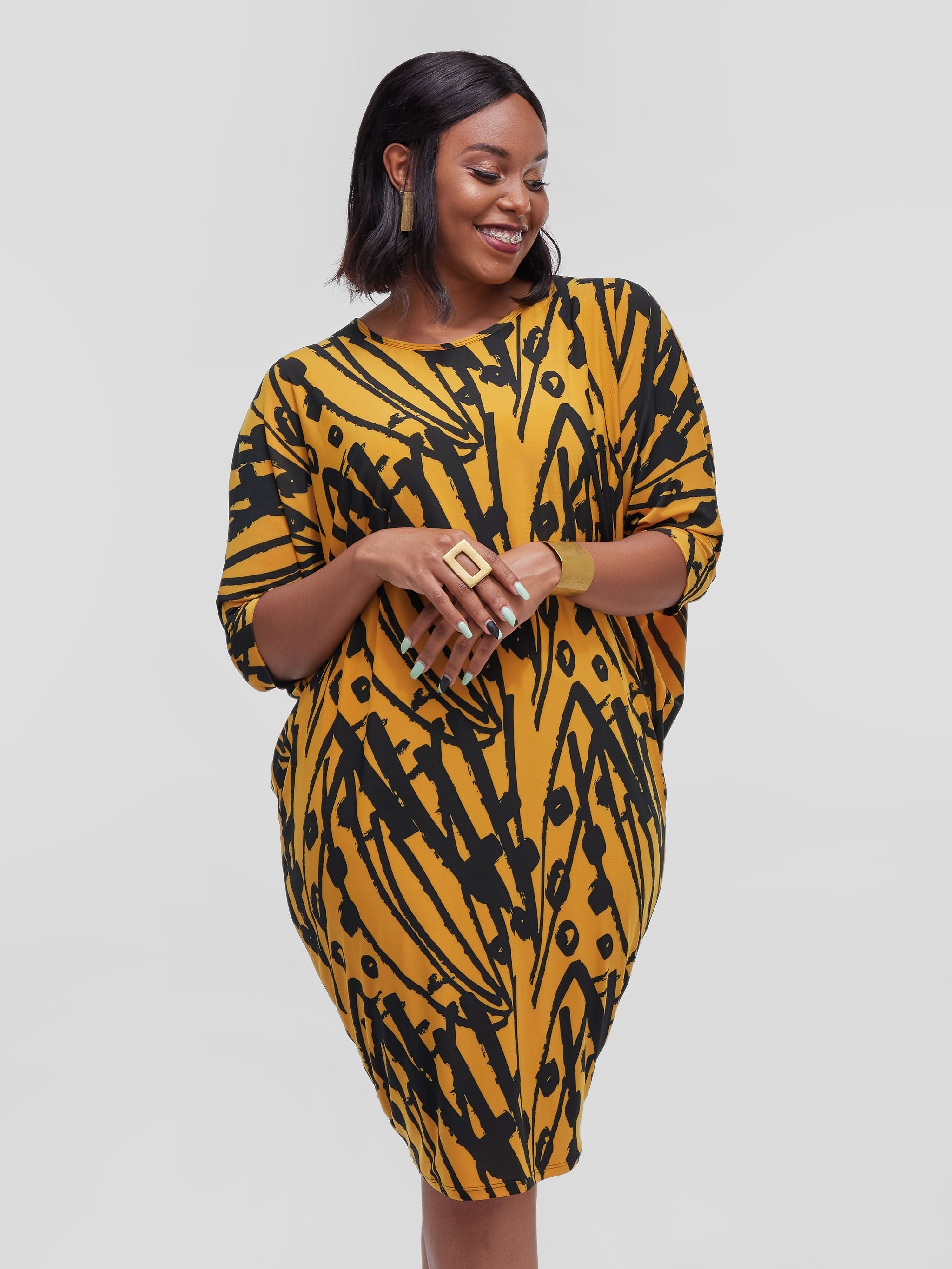 Vivo Tuni Dolman Dress - Mustard Abstract Print