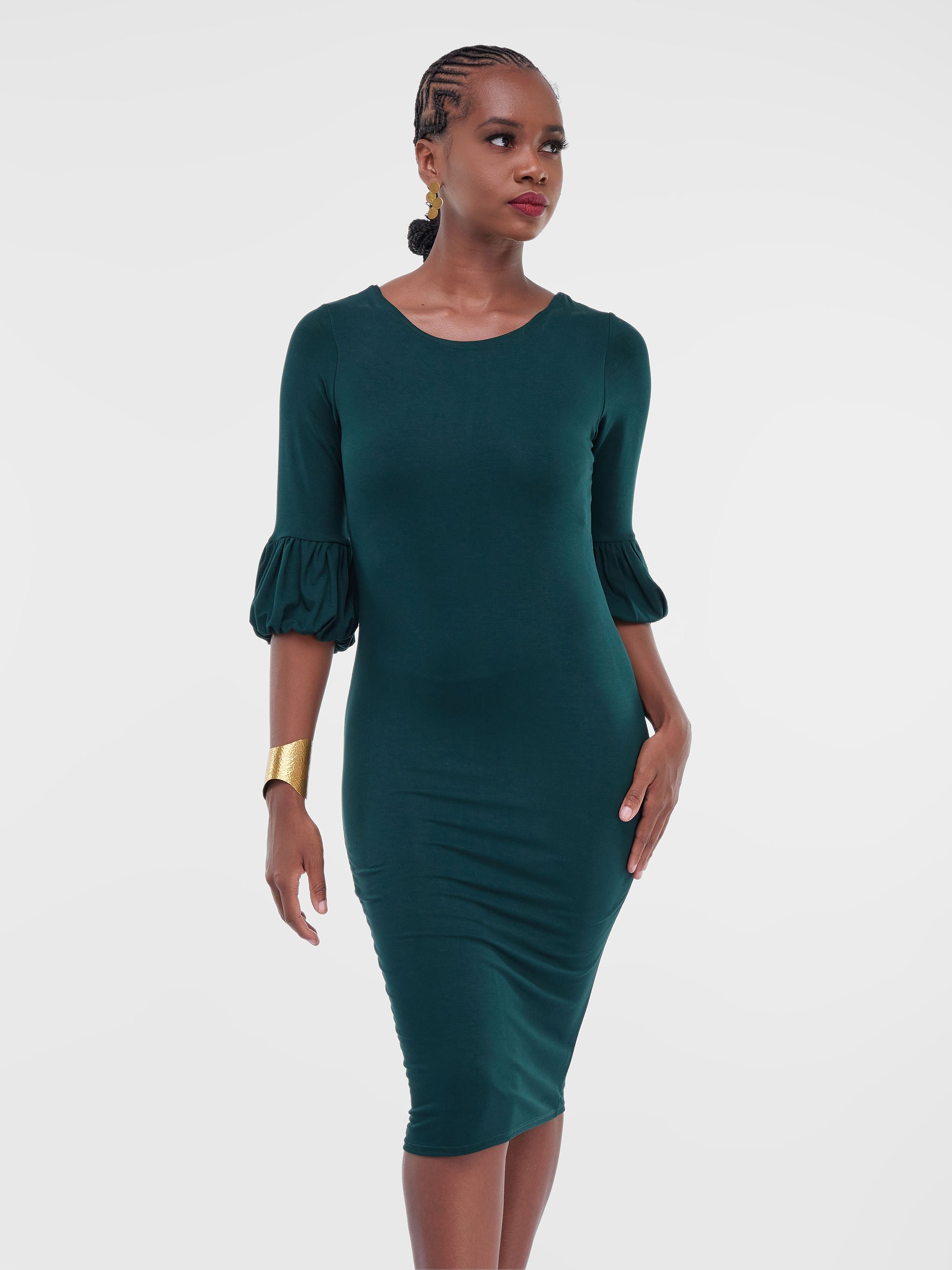 Vivo Basic Puff Sleeved Bodycon - Dark Green