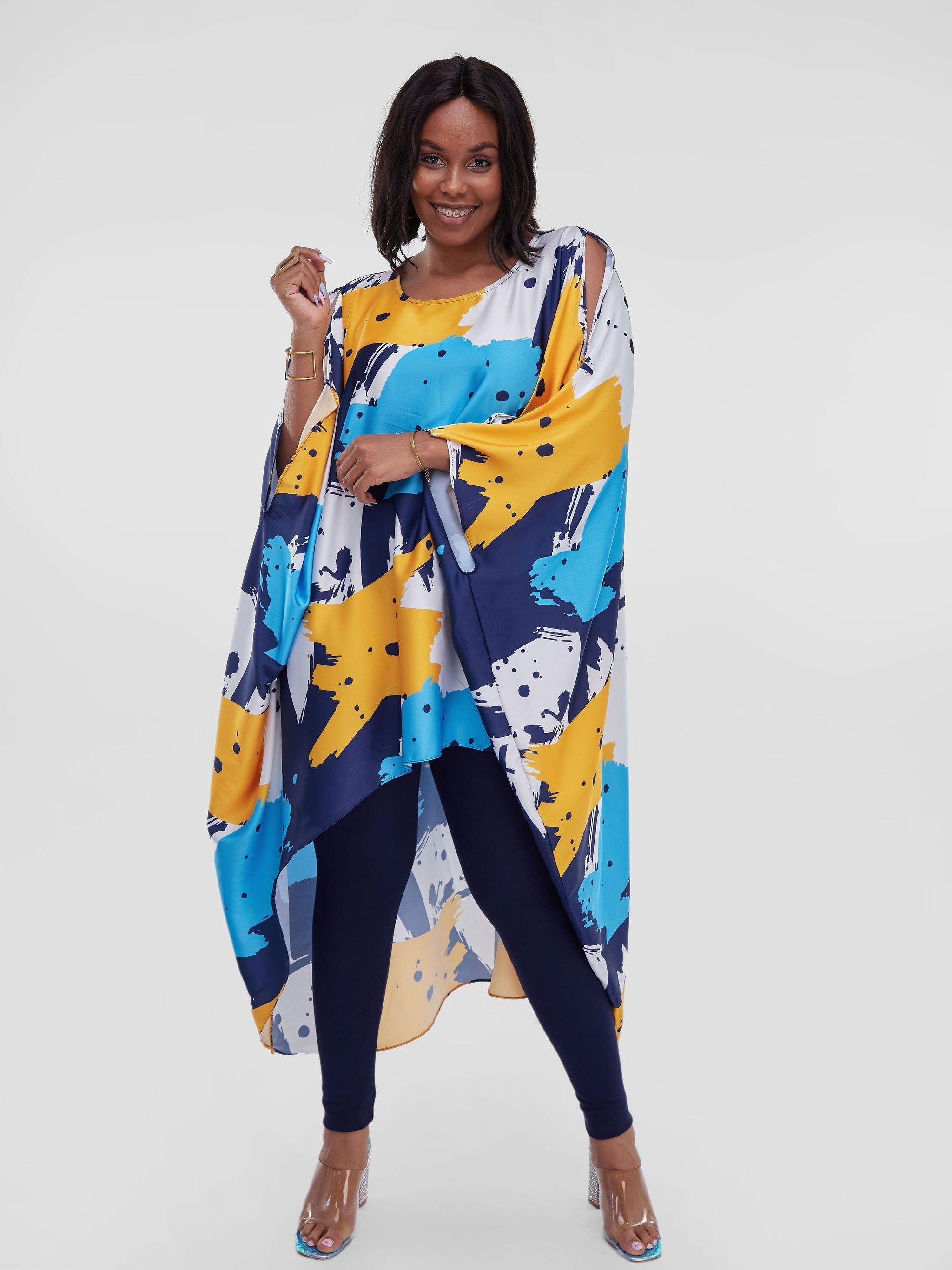 Vivo Lani Satin High-Low Dress - Blue Abstract Print