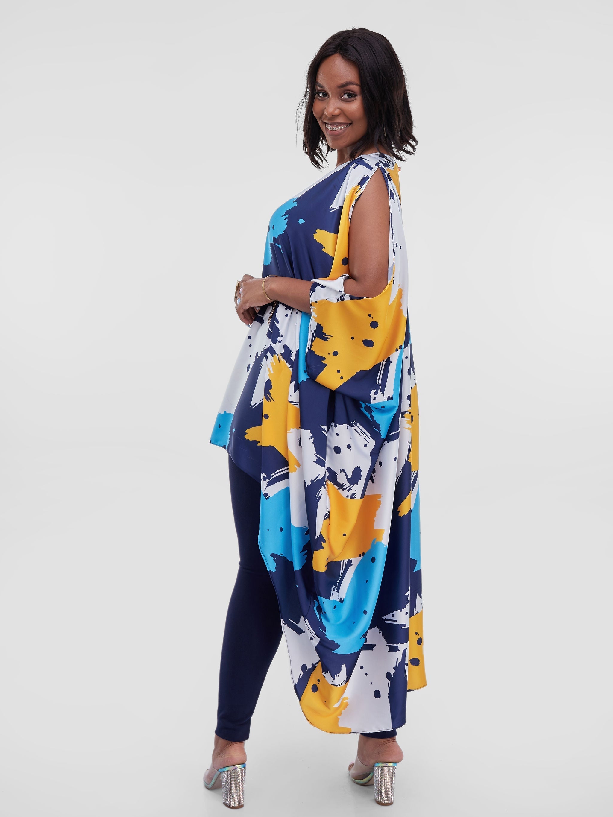 Vivo Lani Satin High-Low Dress - Blue Abstract Print