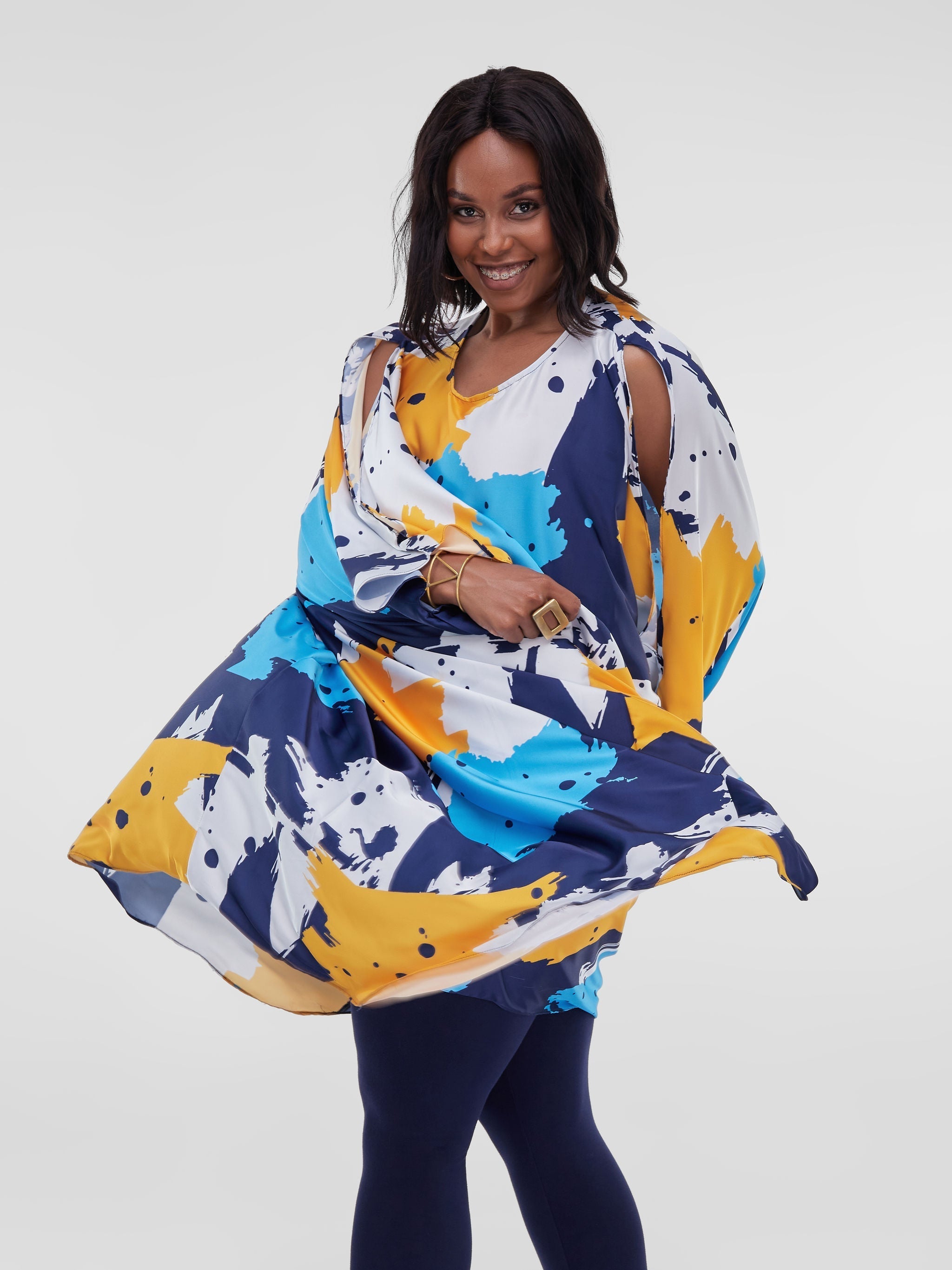 Vivo Lani Satin High-Low Dress - Blue Abstract Print