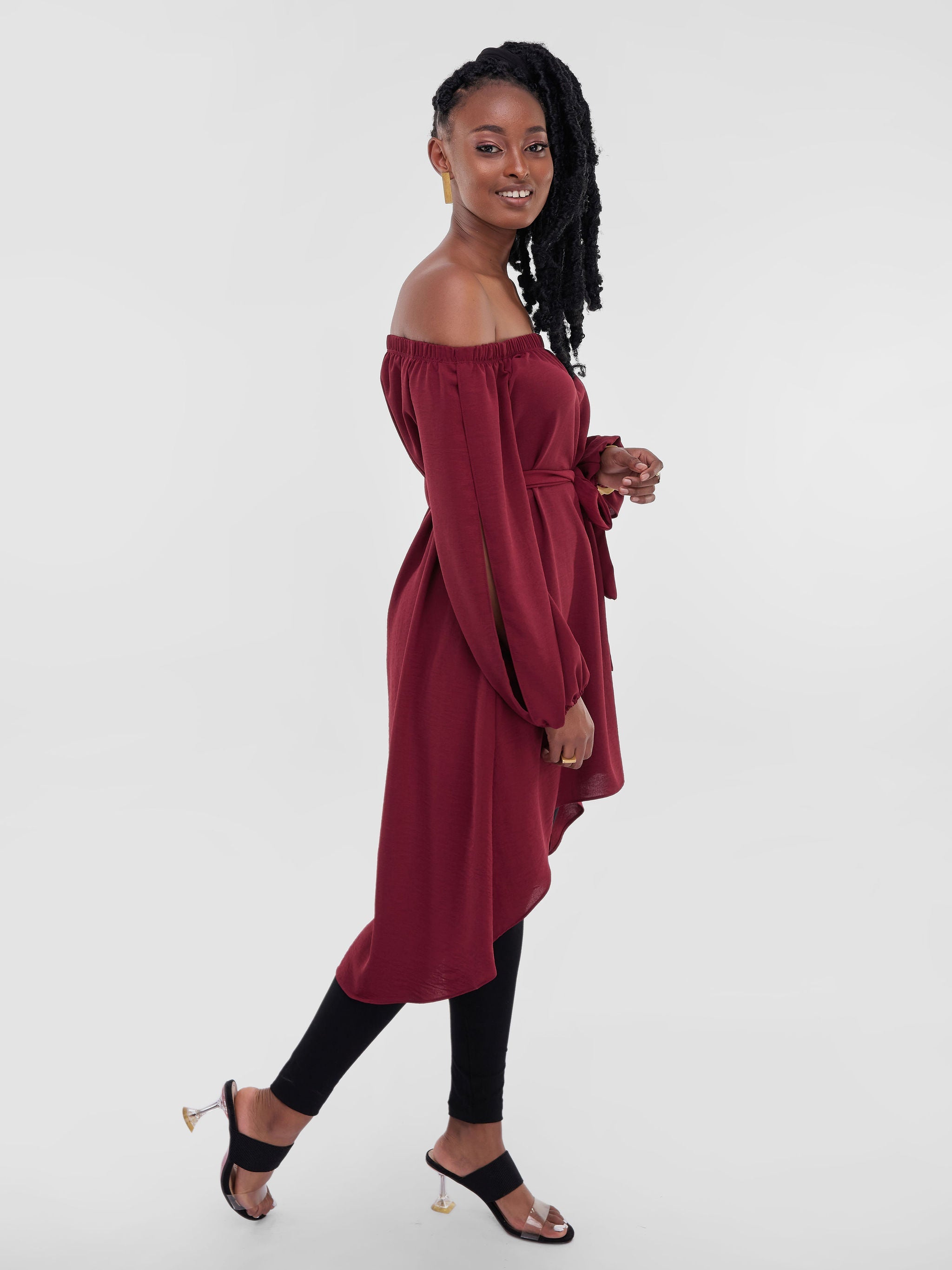 Vivo Dayo Off Shoulder Split Sleeve Hi-Low Top - Maroon