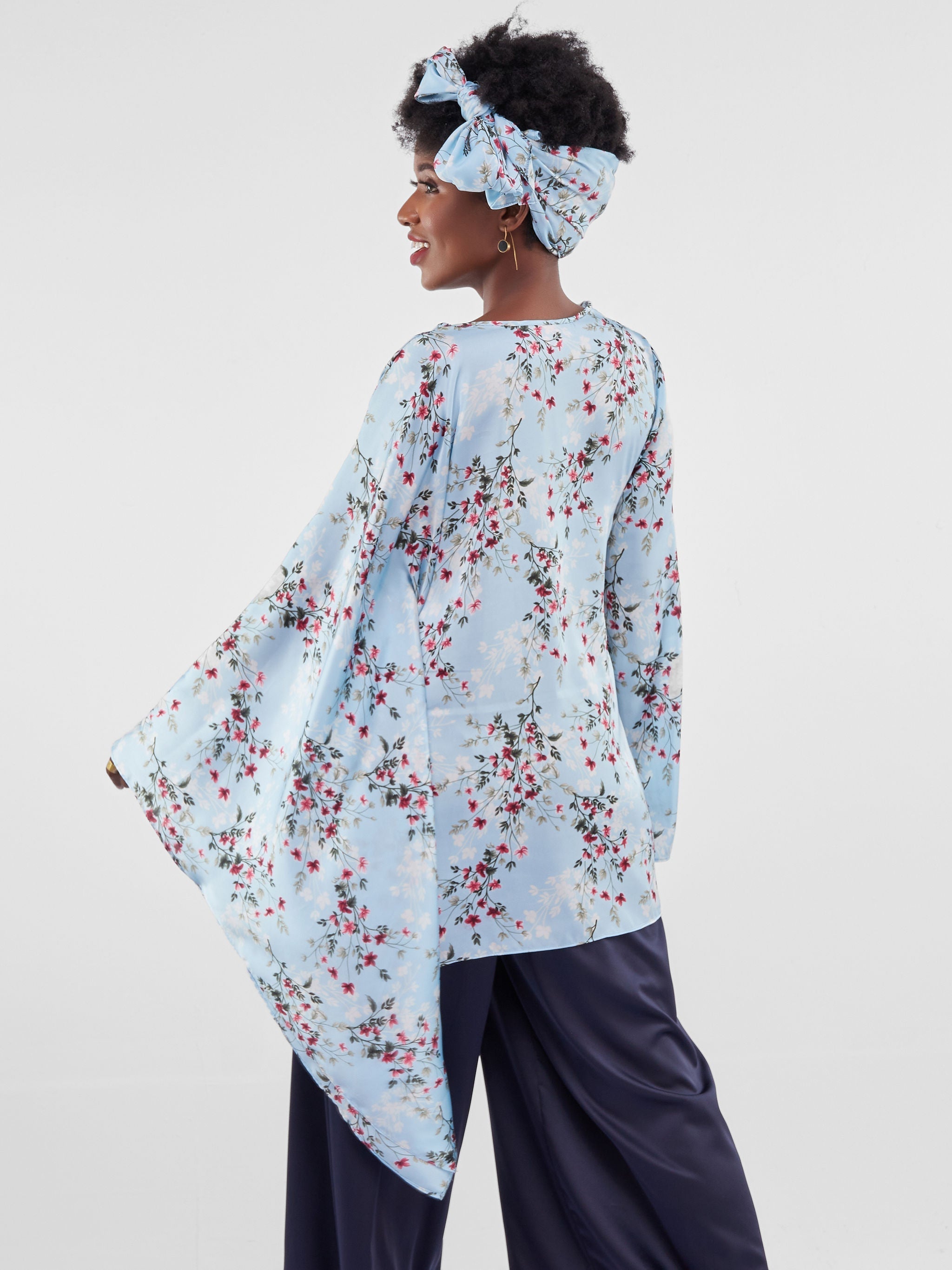 Vivo Jamila Side Drape Top - Blue Floral Print