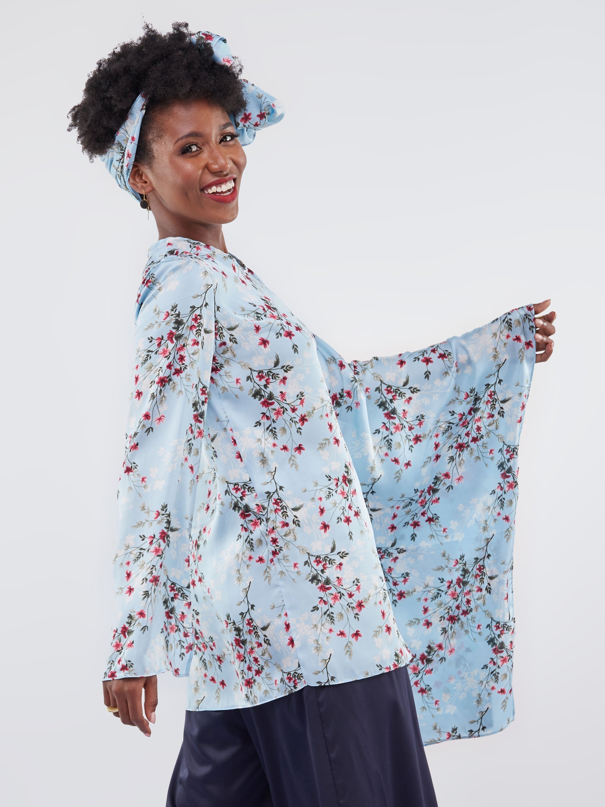 Vivo Jamila Side Drape Top - Blue Floral Print