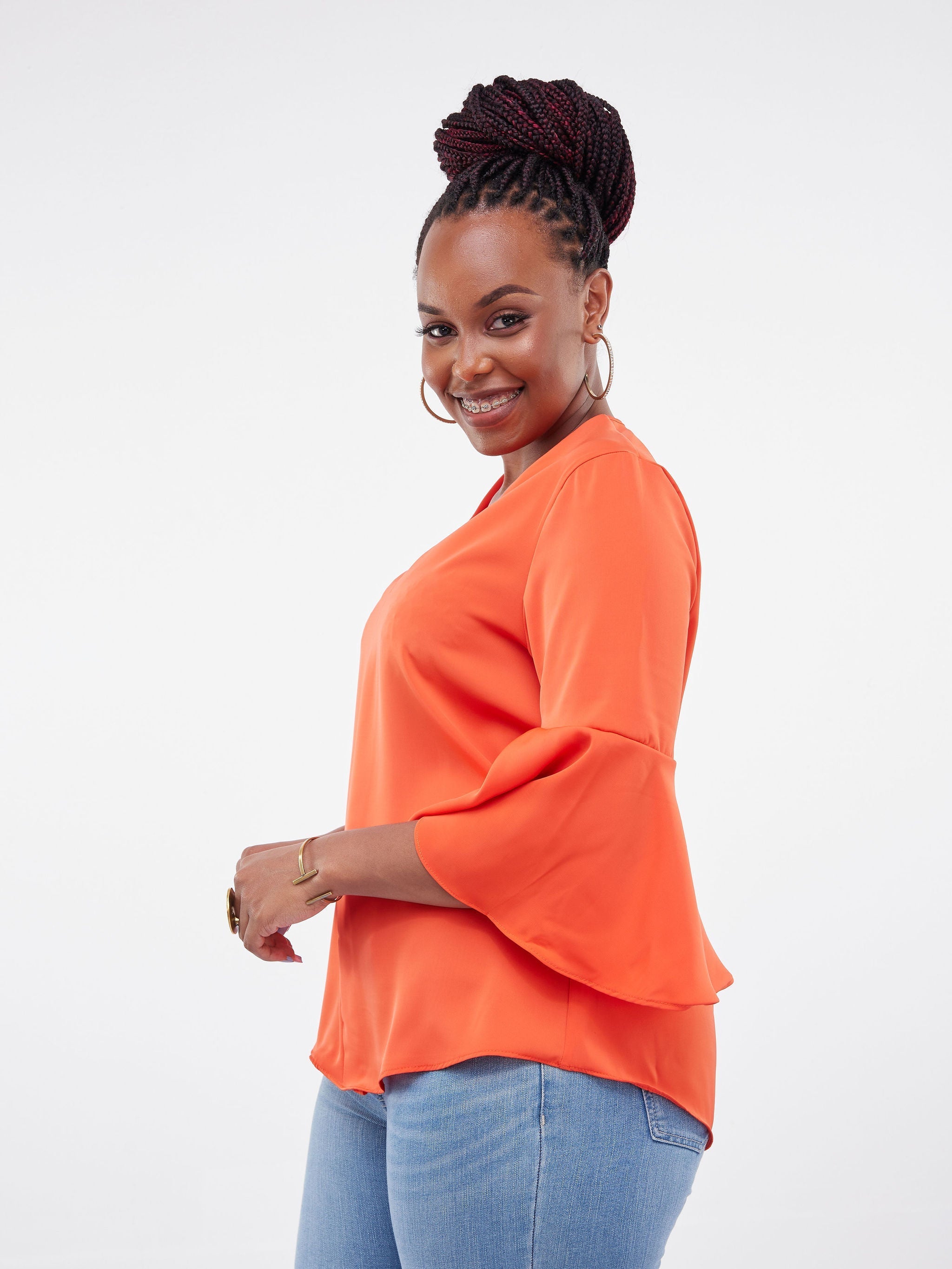 Vivo Jamila V-Neck Flounce Sleeve Top - Orange