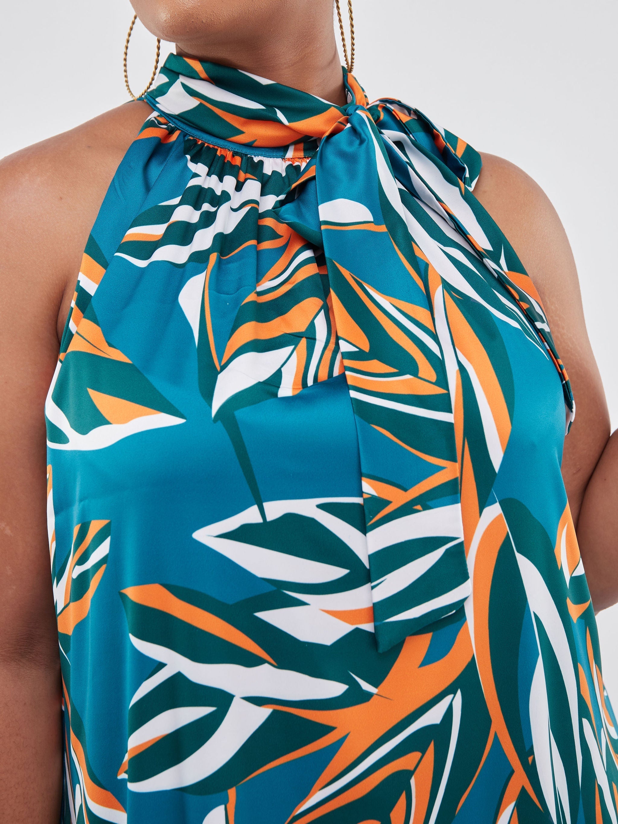 Vivo Jamila Halter Neck Knee Length Dress - Teal / Orange Leaf Print