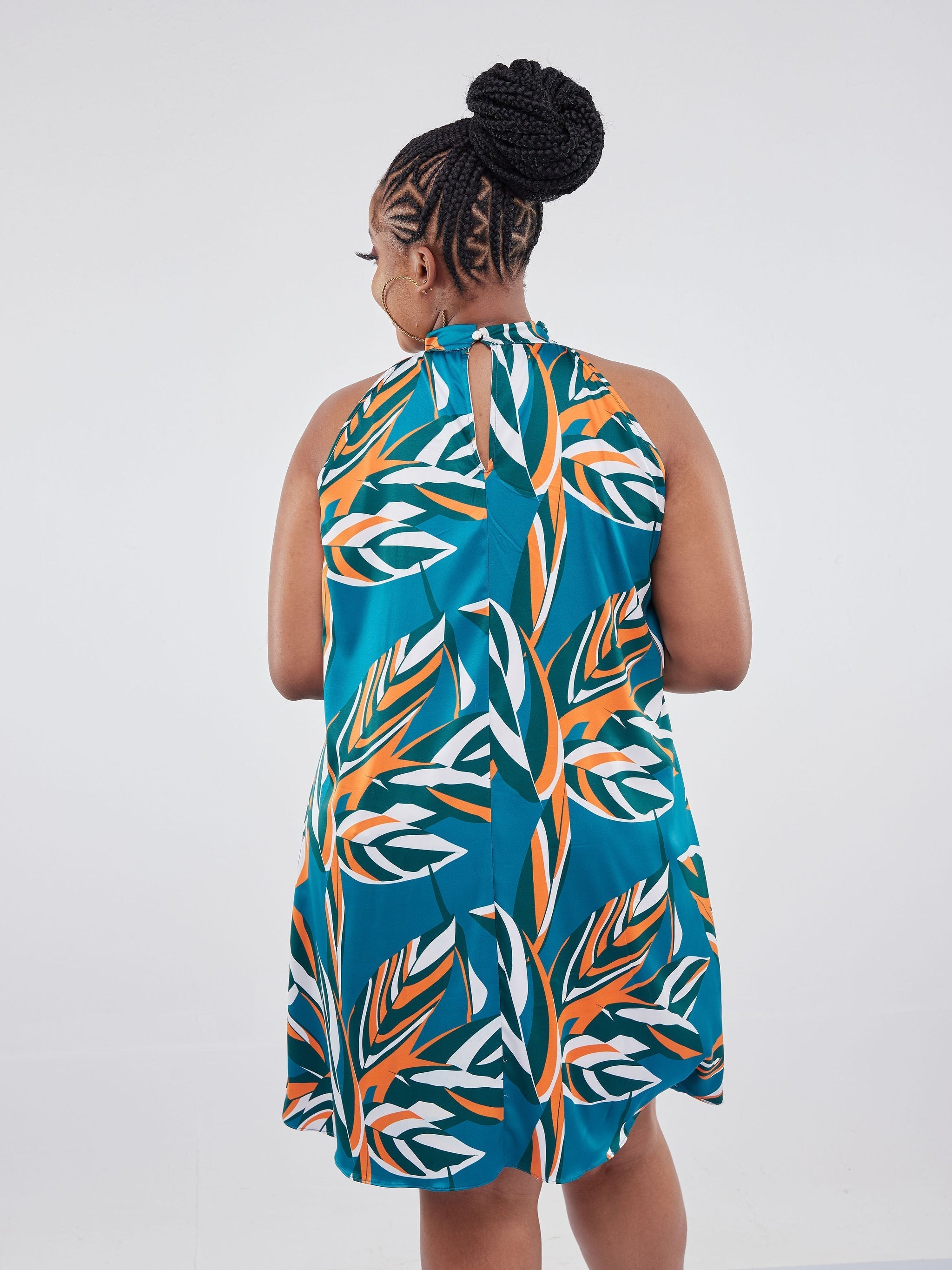 Vivo Jamila Halter Neck Knee Length Dress - Teal / Orange Leaf Print