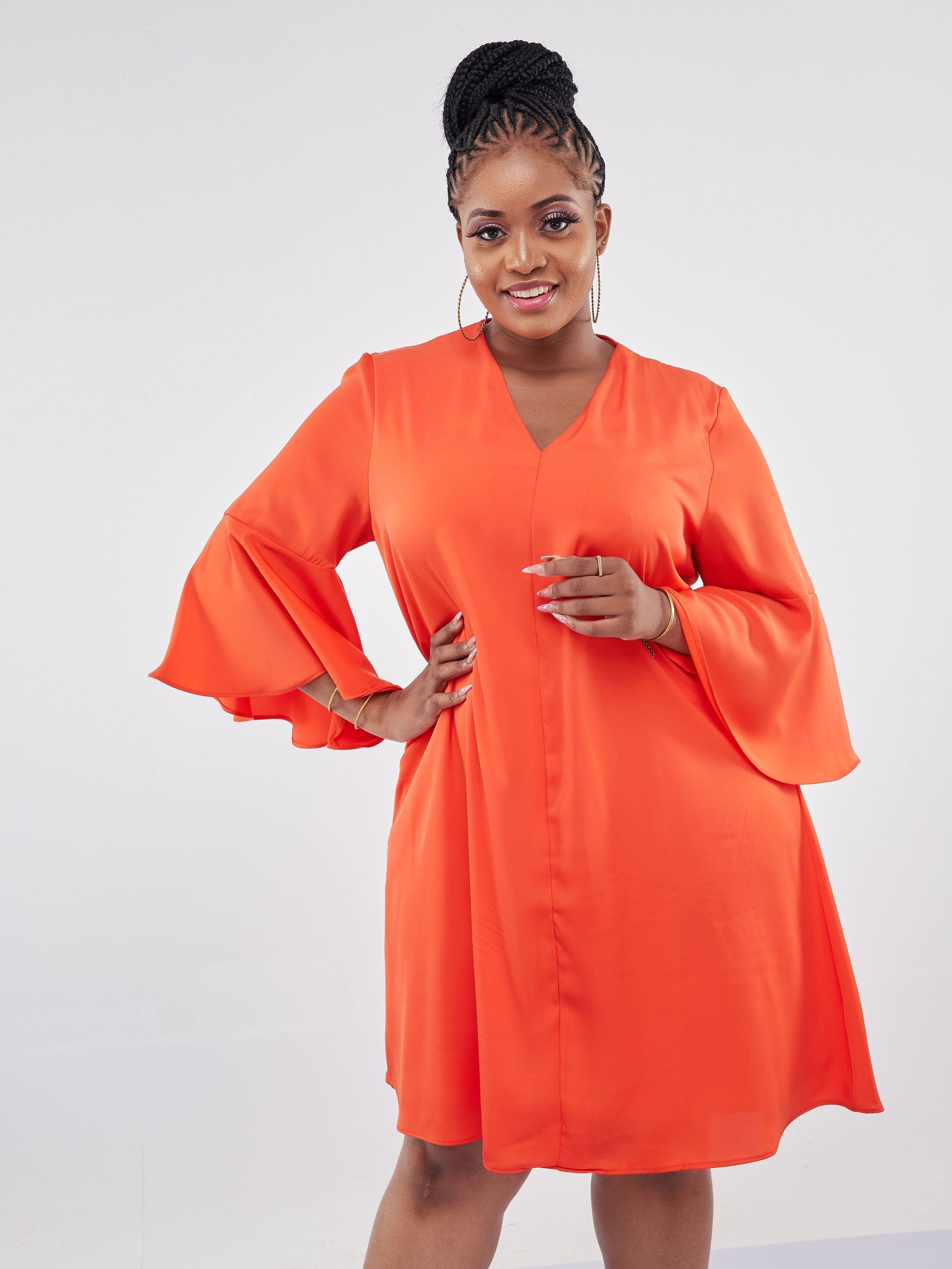 Vivo Jamila V-Neck Knee Length Tent Flounce Dress - Orange