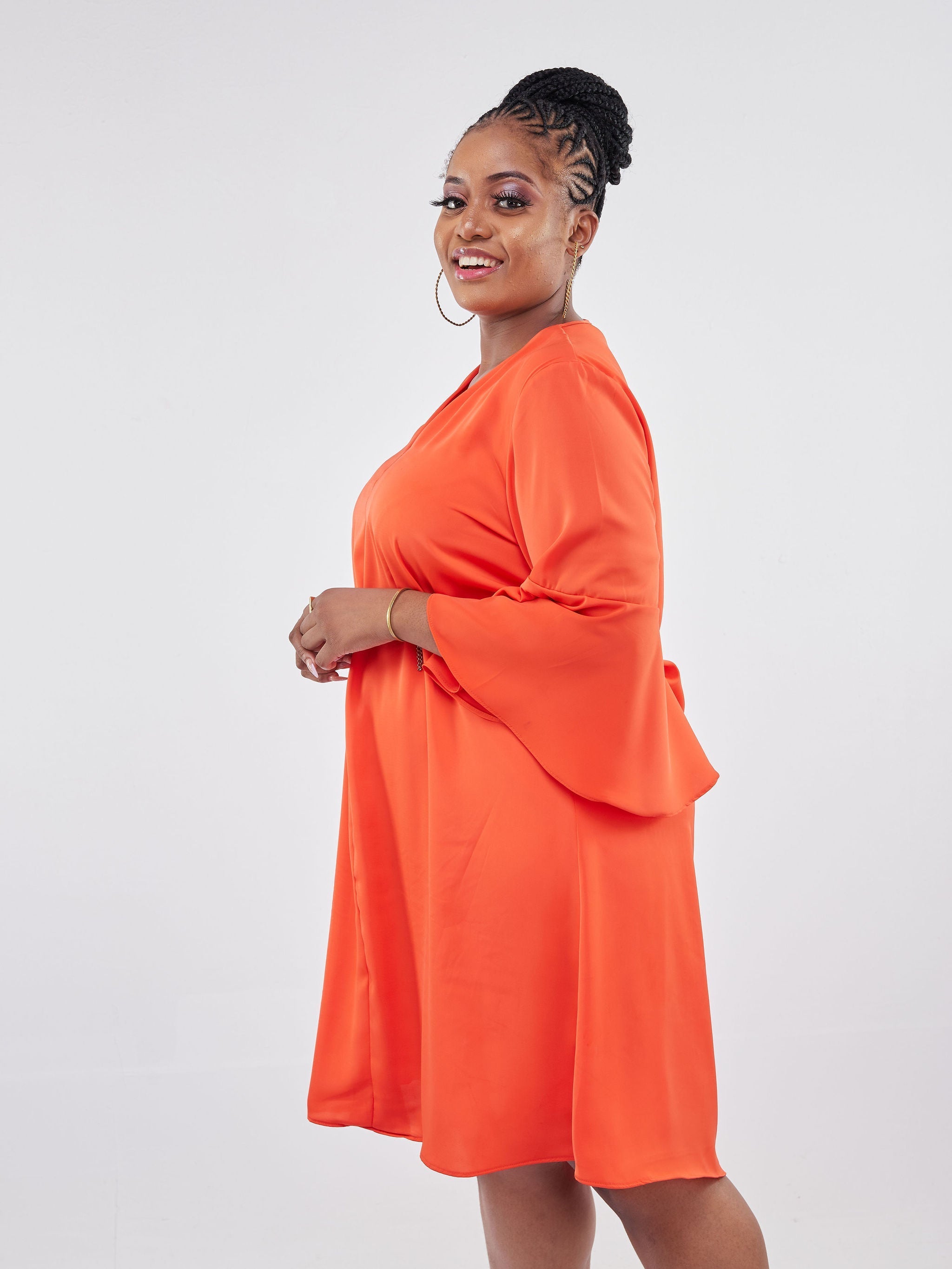 Vivo Jamila V-Neck Knee Length Tent Flounce Dress - Orange