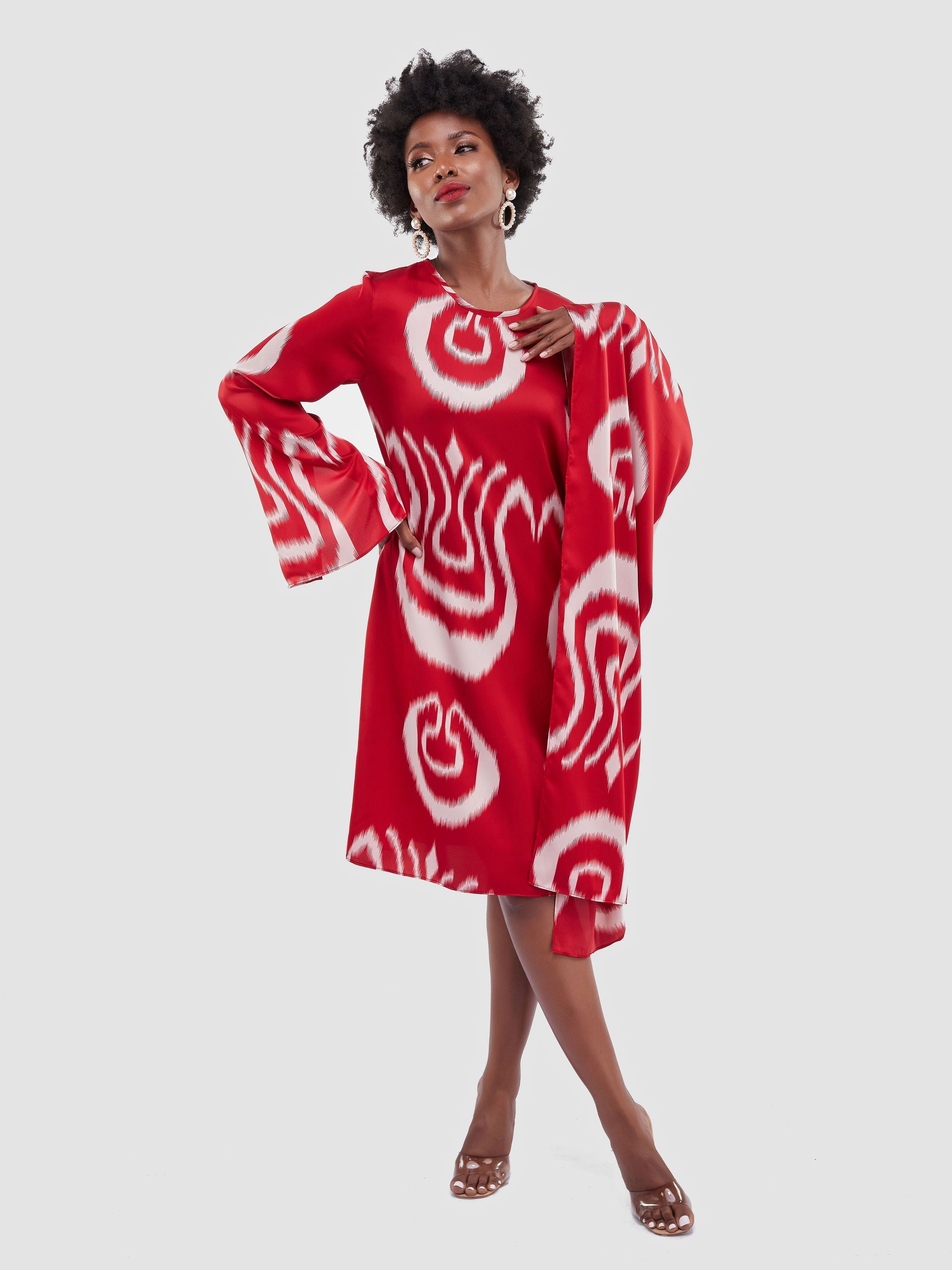 Vivo Jamila Side Drape Knee Length Dress - Red / White Print