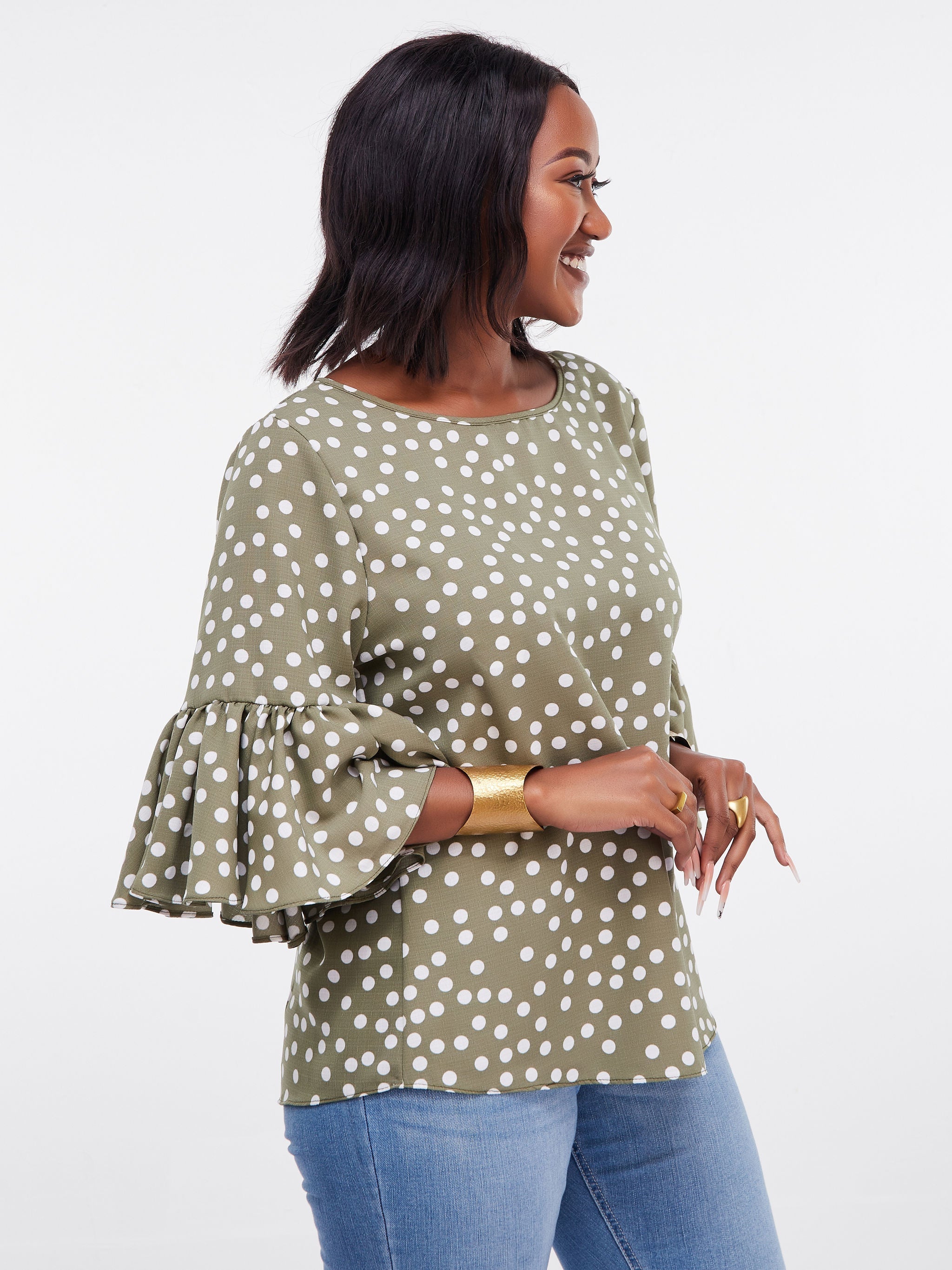 Vivo Dalia 3/4 Flounce Sleeve Top - Hunters Green Polka Dot Print