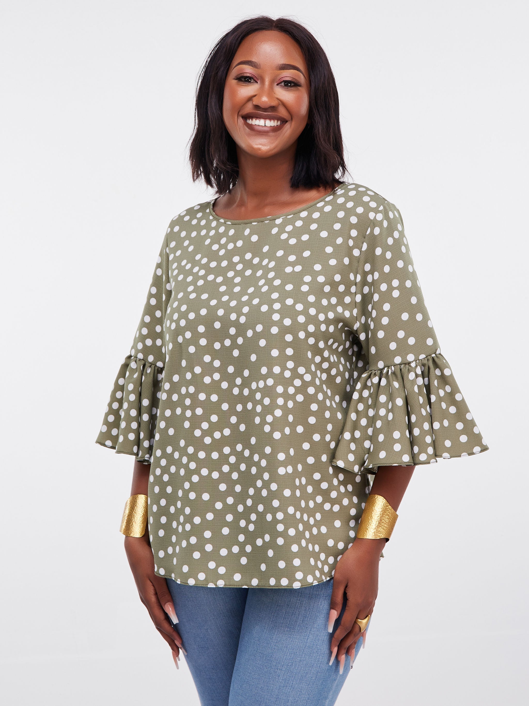 Vivo Dalia 3/4 Flounce Sleeve Top - Hunters Green Polka Dot Print