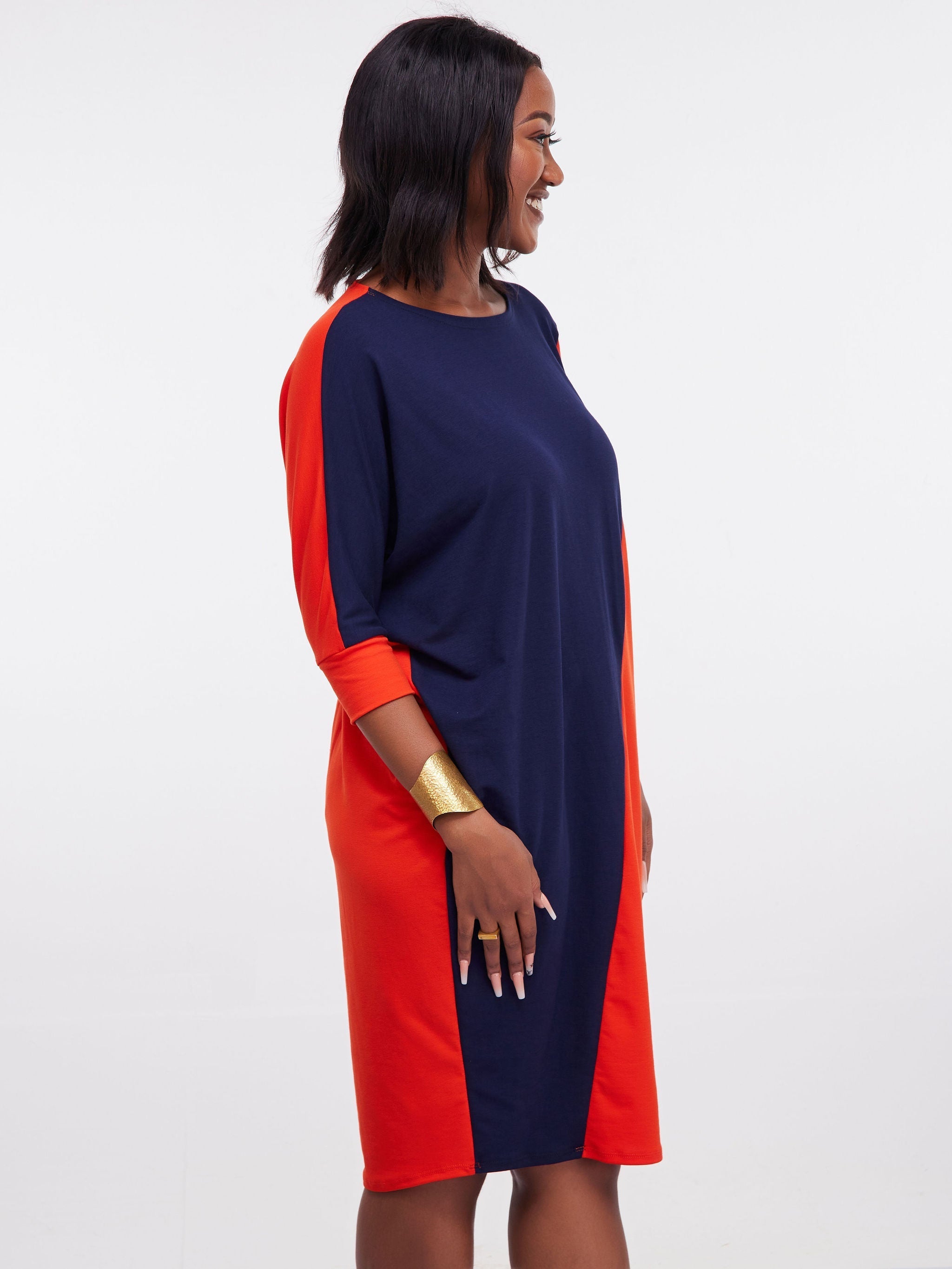 Vivo Zuri Dolman Dress - Orange / Navy Blue