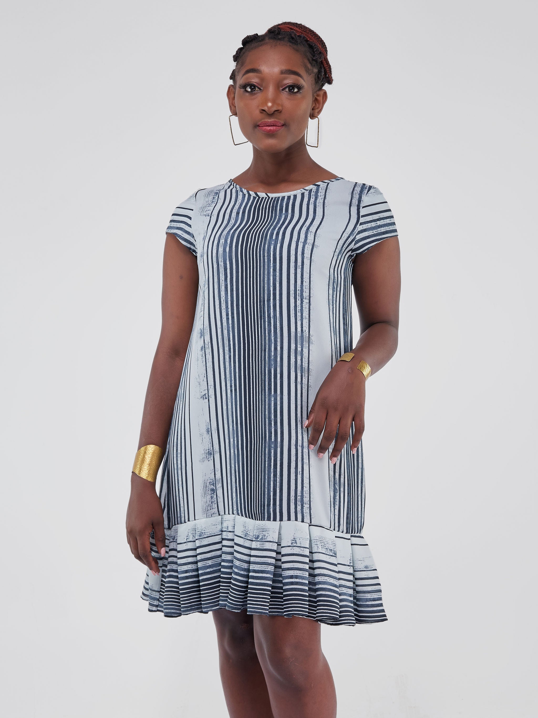 Vivo Zawadi Inverted Pleat Dress - White / Grey  Stripes Print