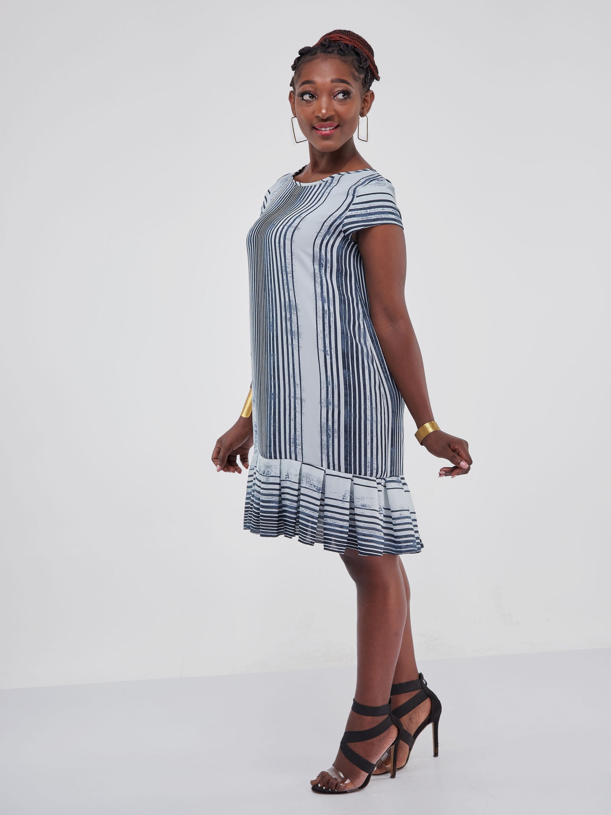 Vivo Zawadi Inverted Pleat Dress - White / Grey  Stripes Print