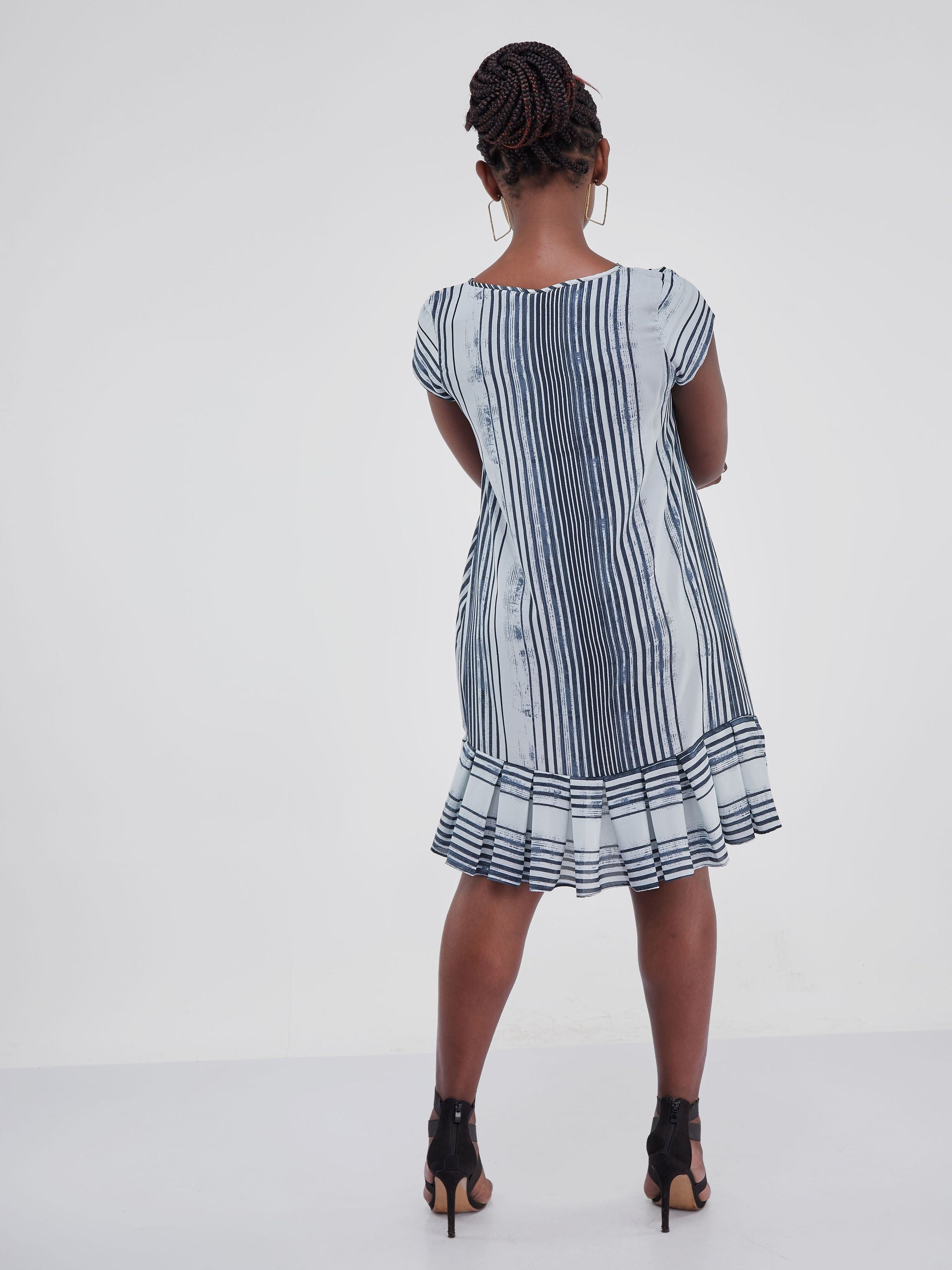 Vivo Zawadi Inverted Pleat Dress - White / Grey  Stripes Print