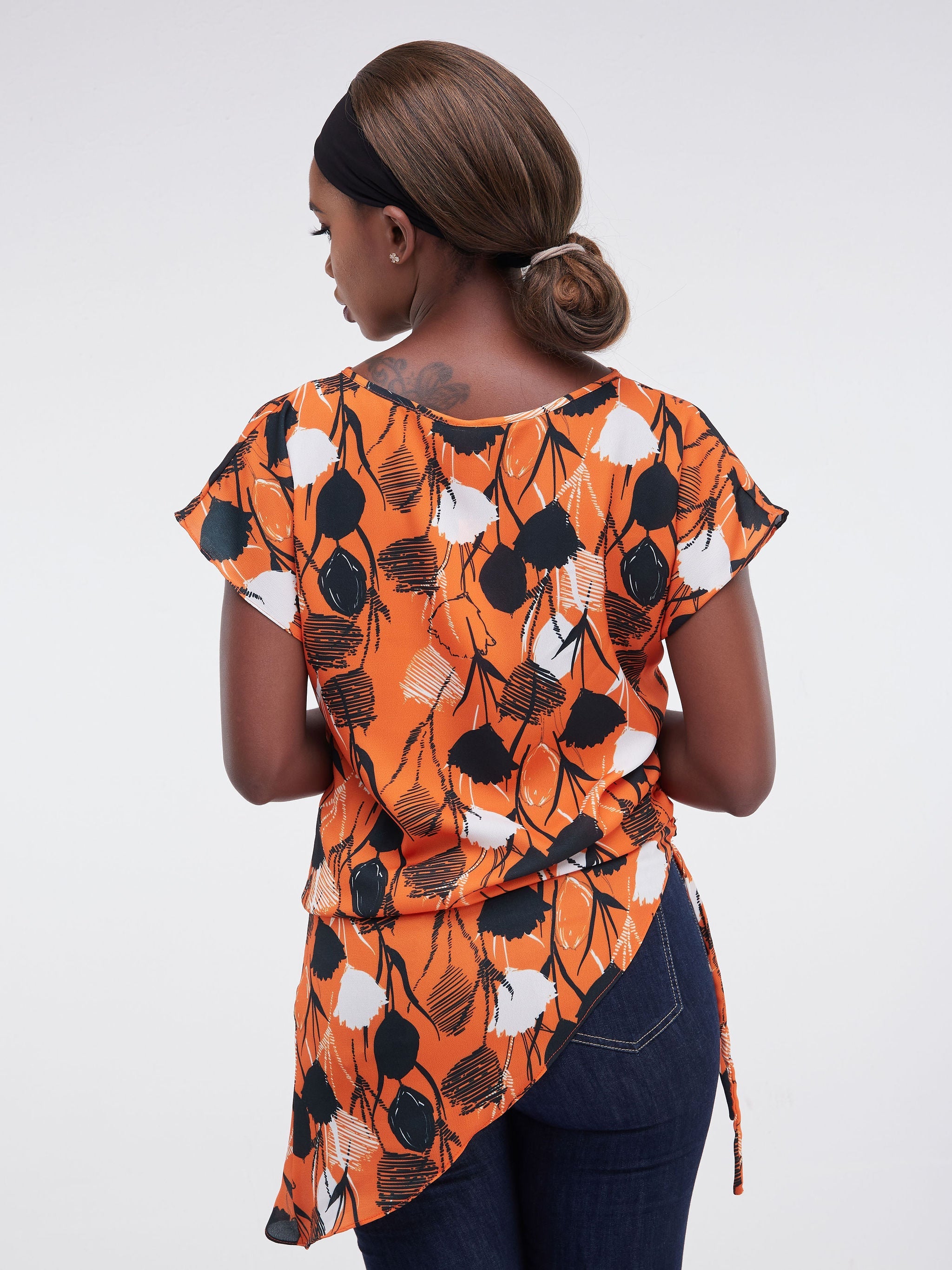 Vivo Lalea Drawstring Top - Orange / Black Print