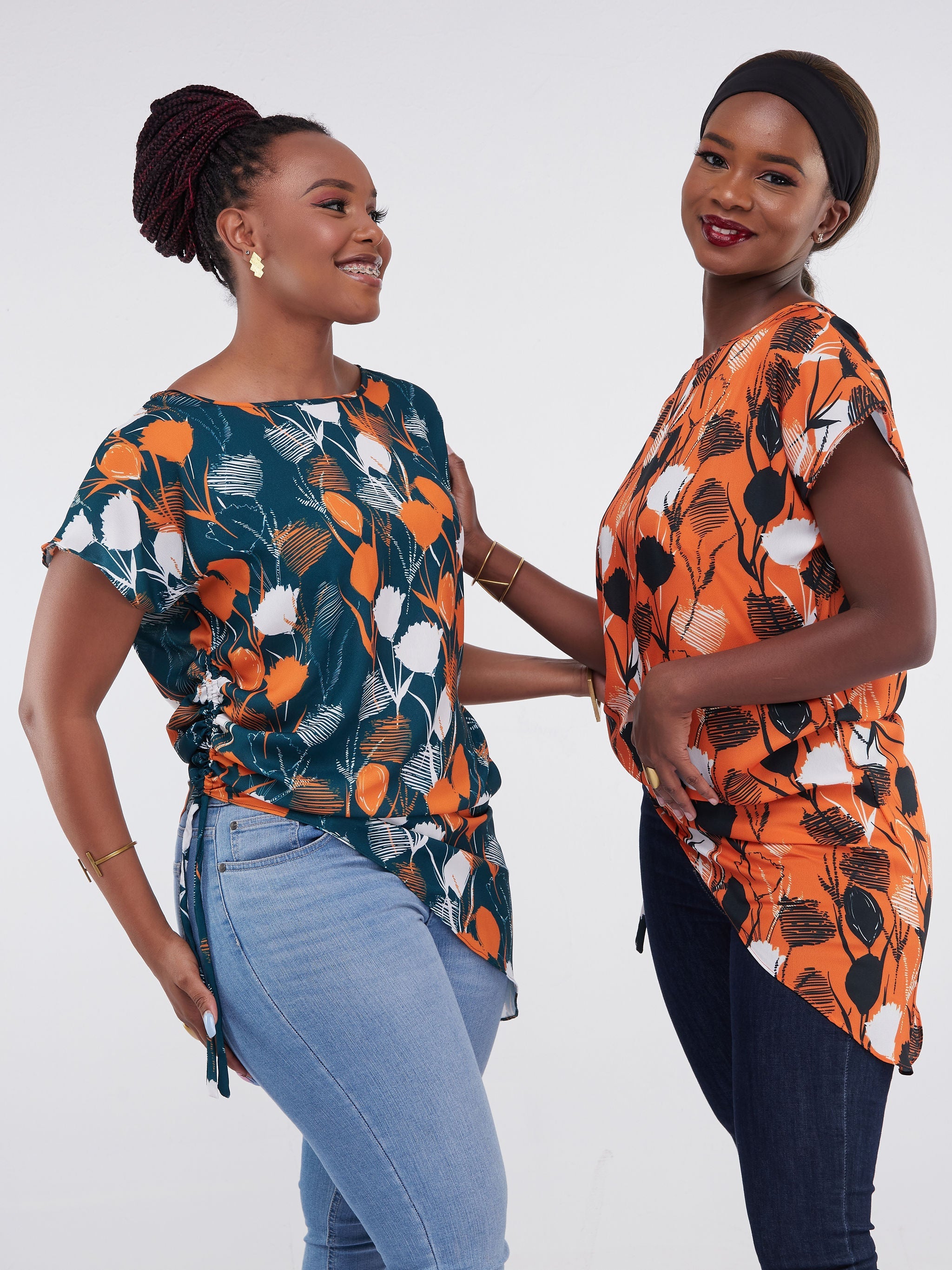 Vivo Lalea Drawstring Top - Orange / Black Print