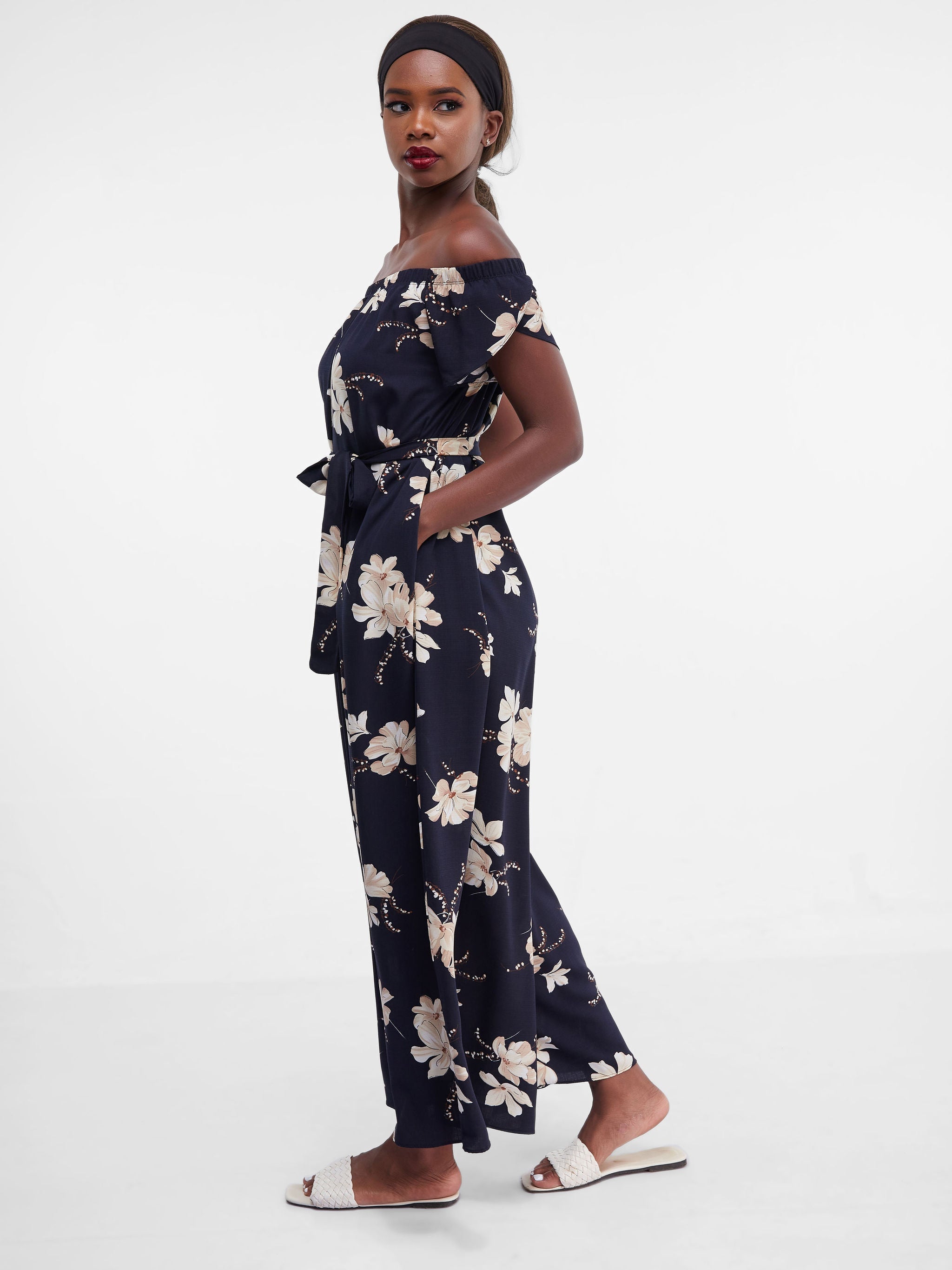 Vivo Dalia Off Shoulder Jumpsuit - Navy Blue Floral Print