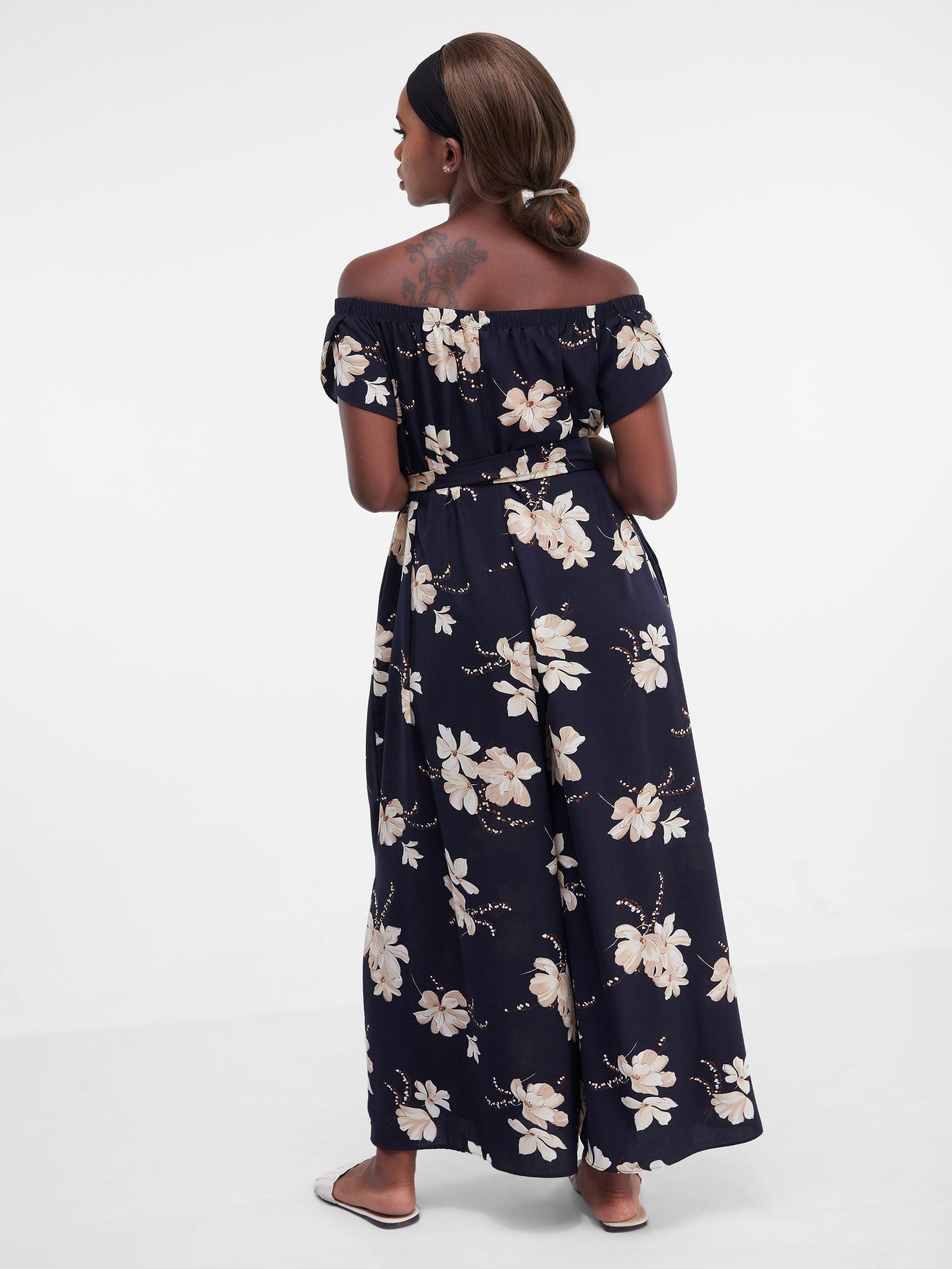 Vivo Dalia Off Shoulder Jumpsuit - Navy Blue Floral Print