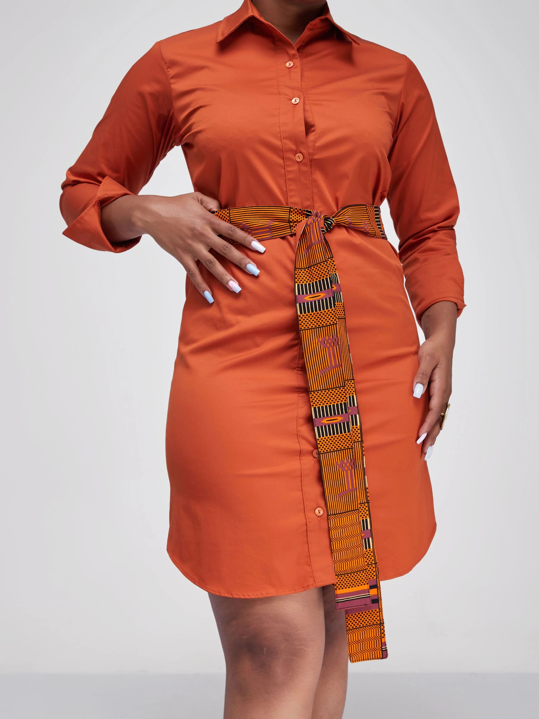 Safari Tawi A-Line Long Sleeve Shirt Dress - Rust