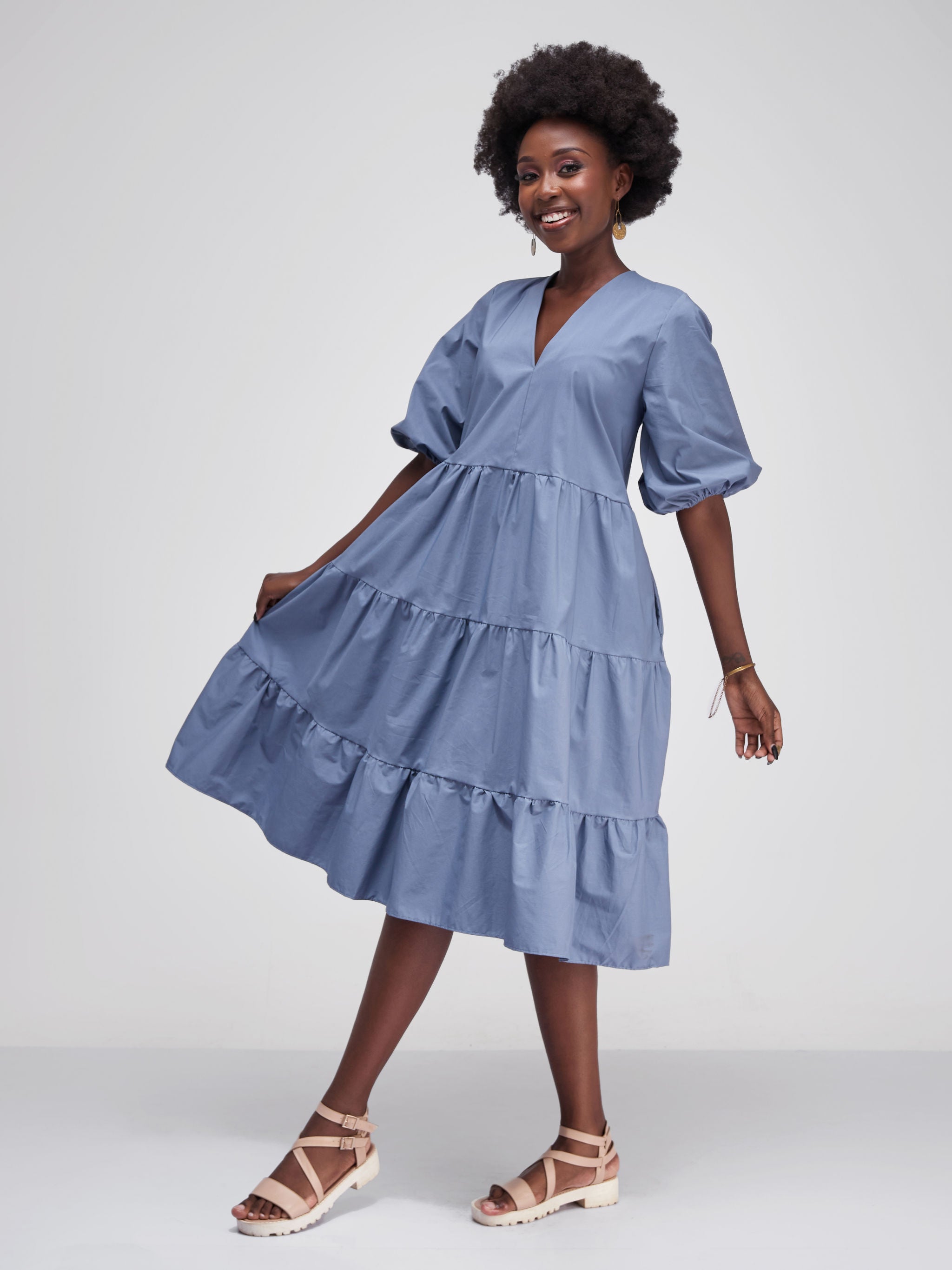 Safari Tawi Bishop Sleeve Tiered Dress - Light Blue