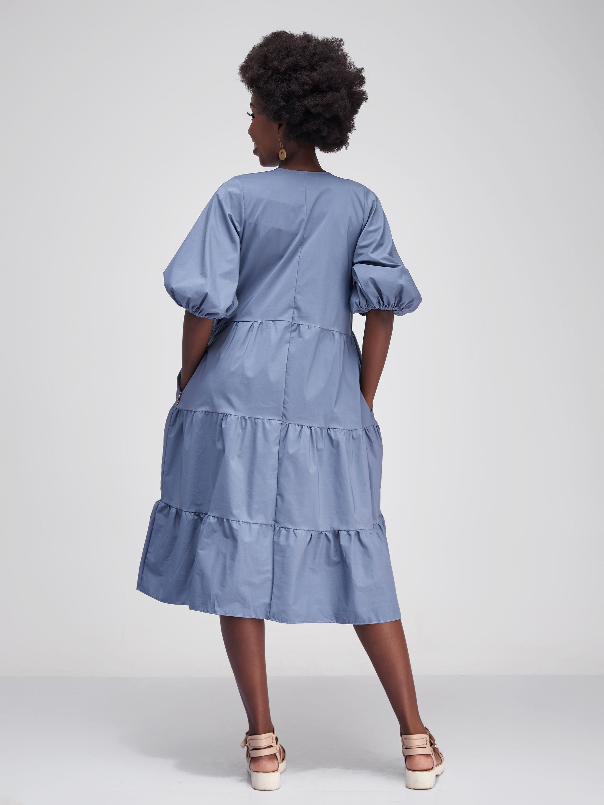 Safari Tawi Bishop Sleeve Tiered Dress - Light Blue