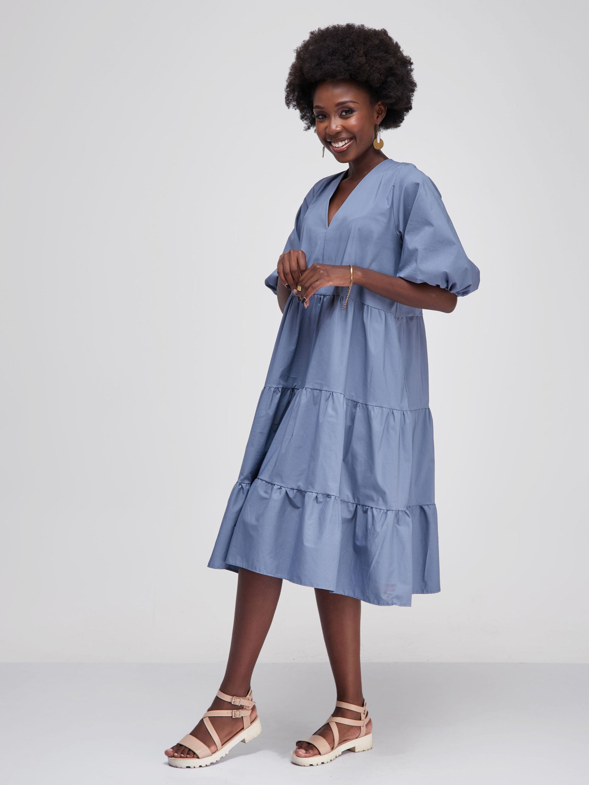 Safari Tawi Bishop Sleeve Tiered Dress - Light Blue