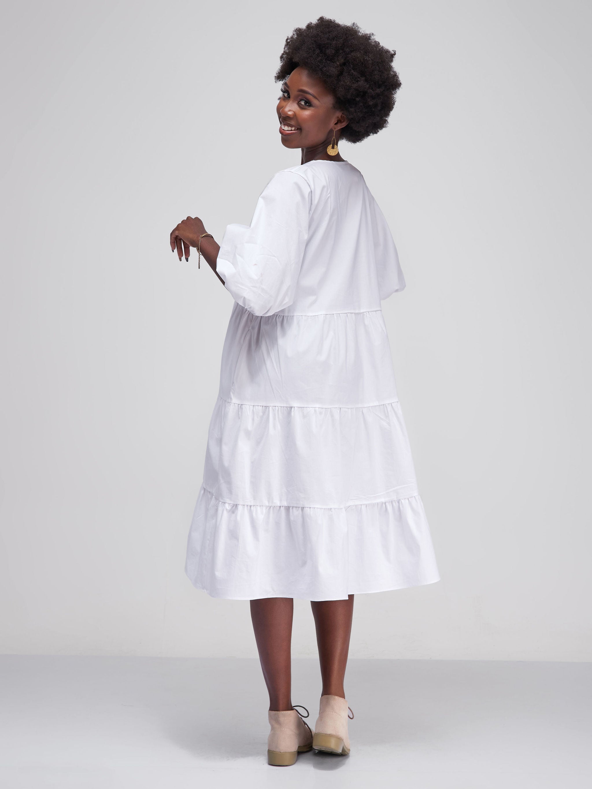 Safari Tawi Bishop Sleeve Tiered Dress - White