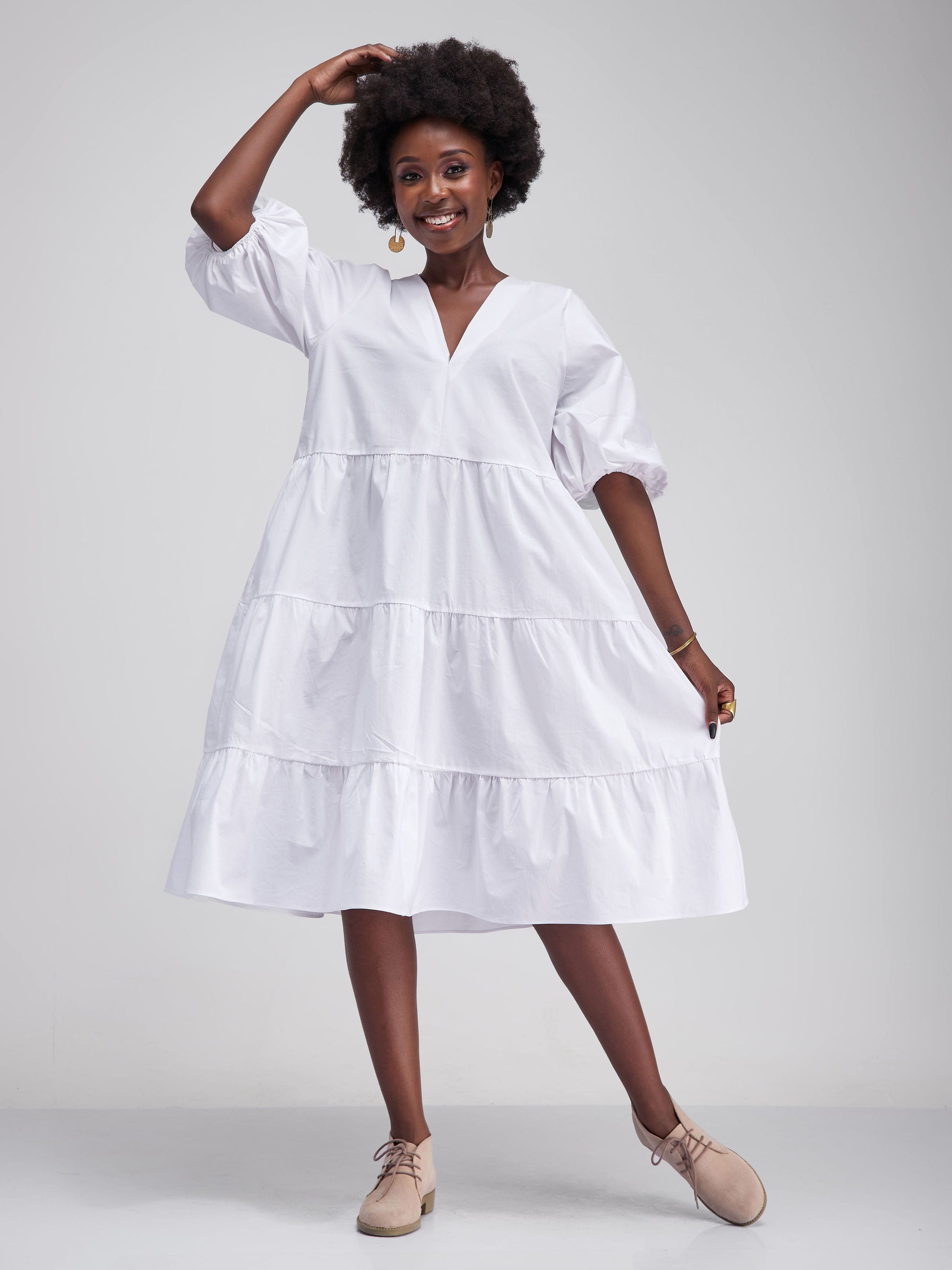 Safari Tawi Bishop Sleeve Tiered Dress - White