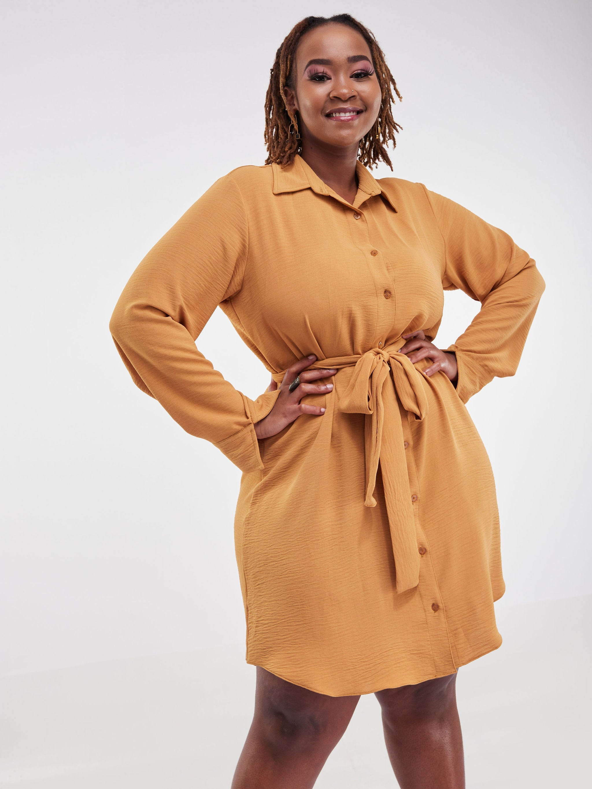 Vivo Tunu Long Sleeve Knee Length Shirt Dress - Camel Brown