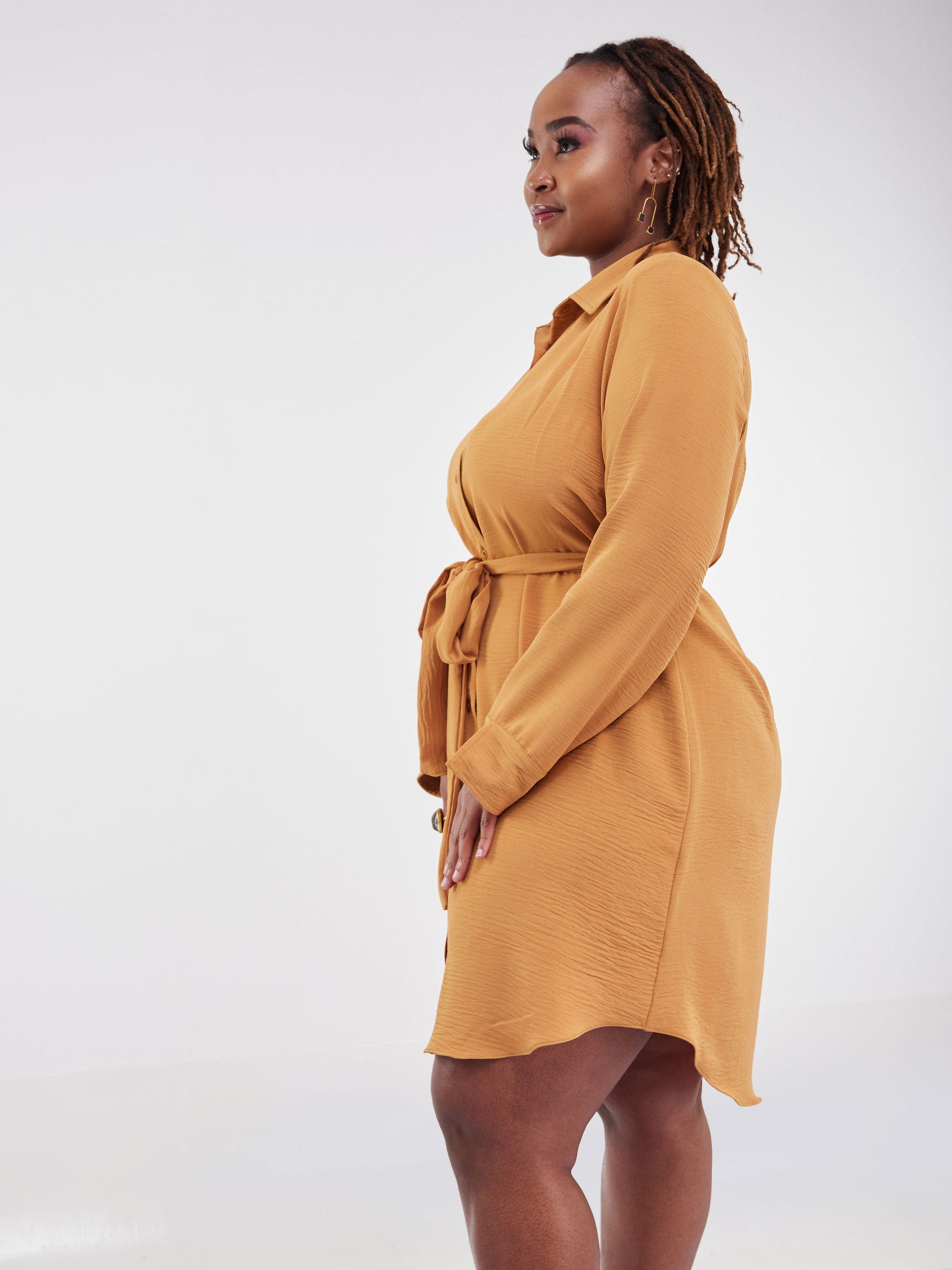 Vivo Tunu Long Sleeve Knee Length Shirt Dress - Camel Brown