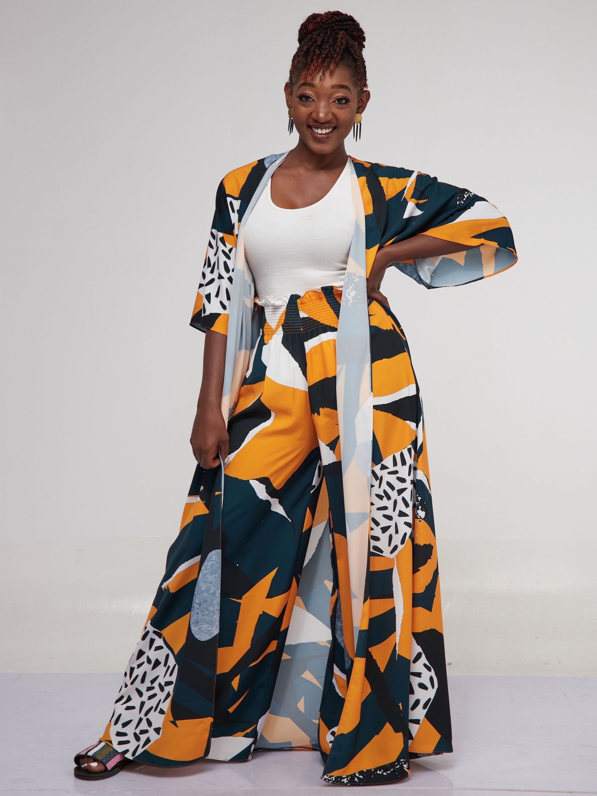 Vivo Alek 3/4 Sleeve A-Line Maxi Kimono - Dark Teal / Mustard Print