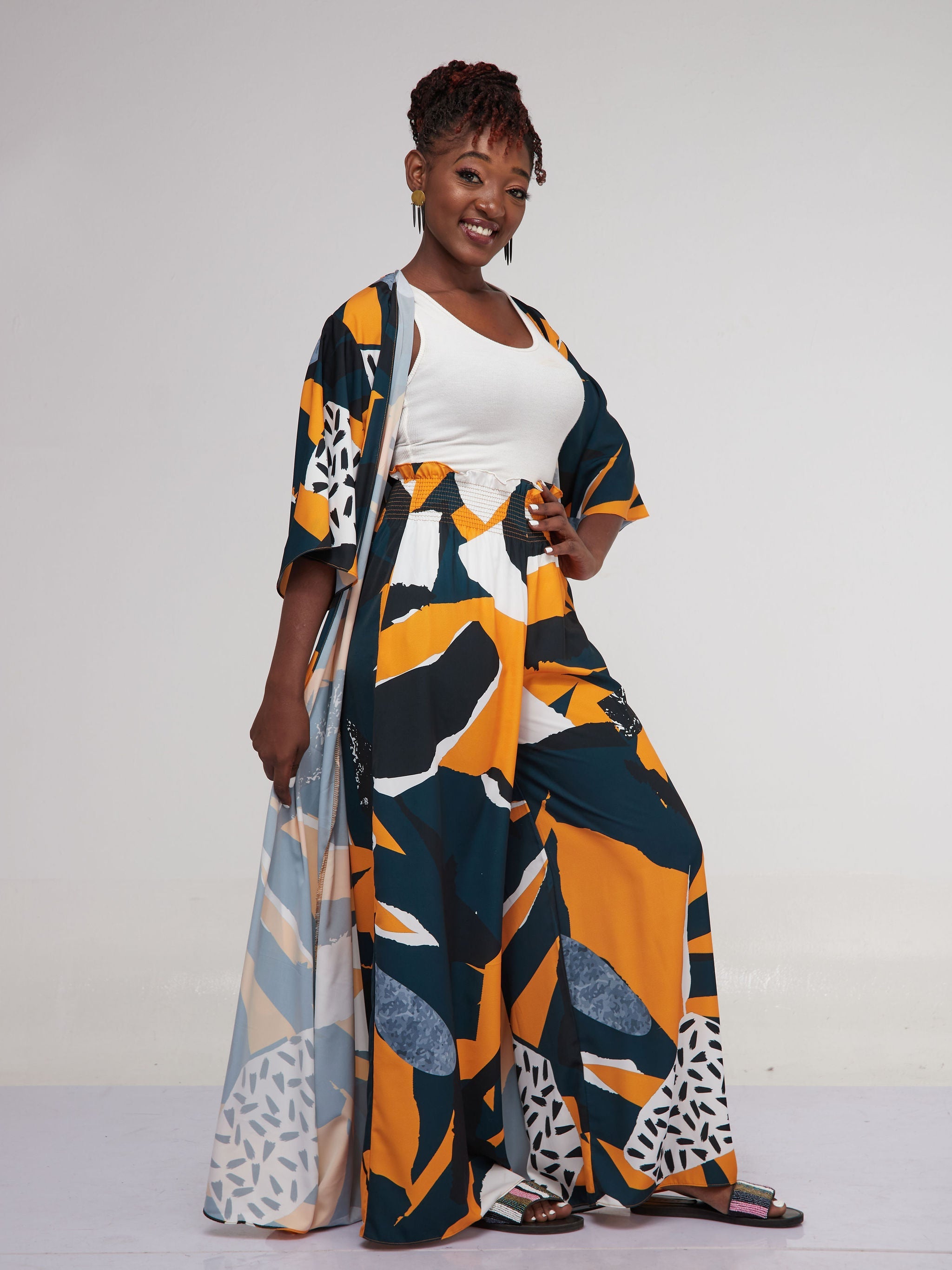 Vivo Alek 3/4 Sleeve A-Line Maxi Kimono - Dark Teal / Mustard Print