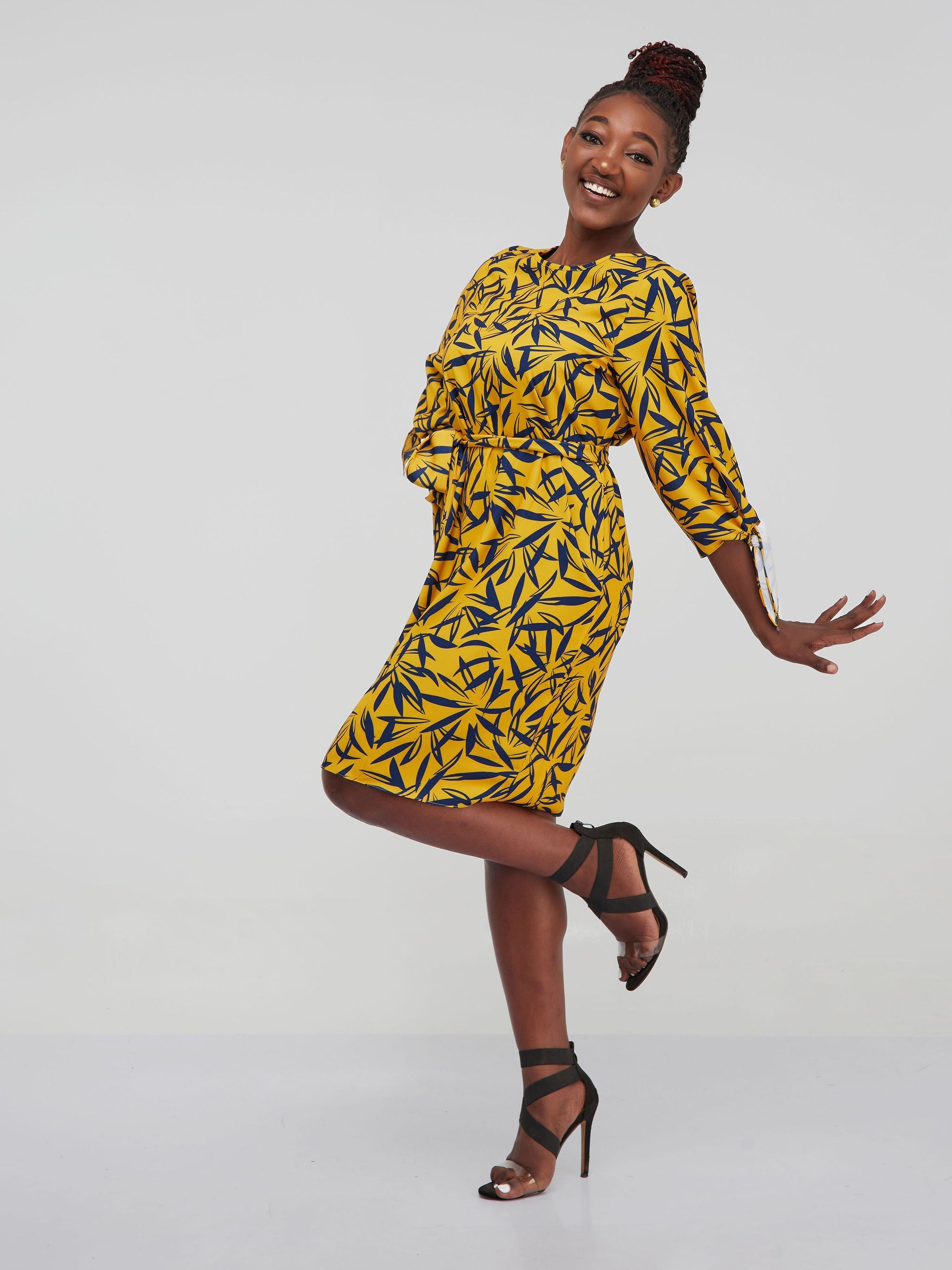 Vivo Furaha Tie Dress - Mustard Print