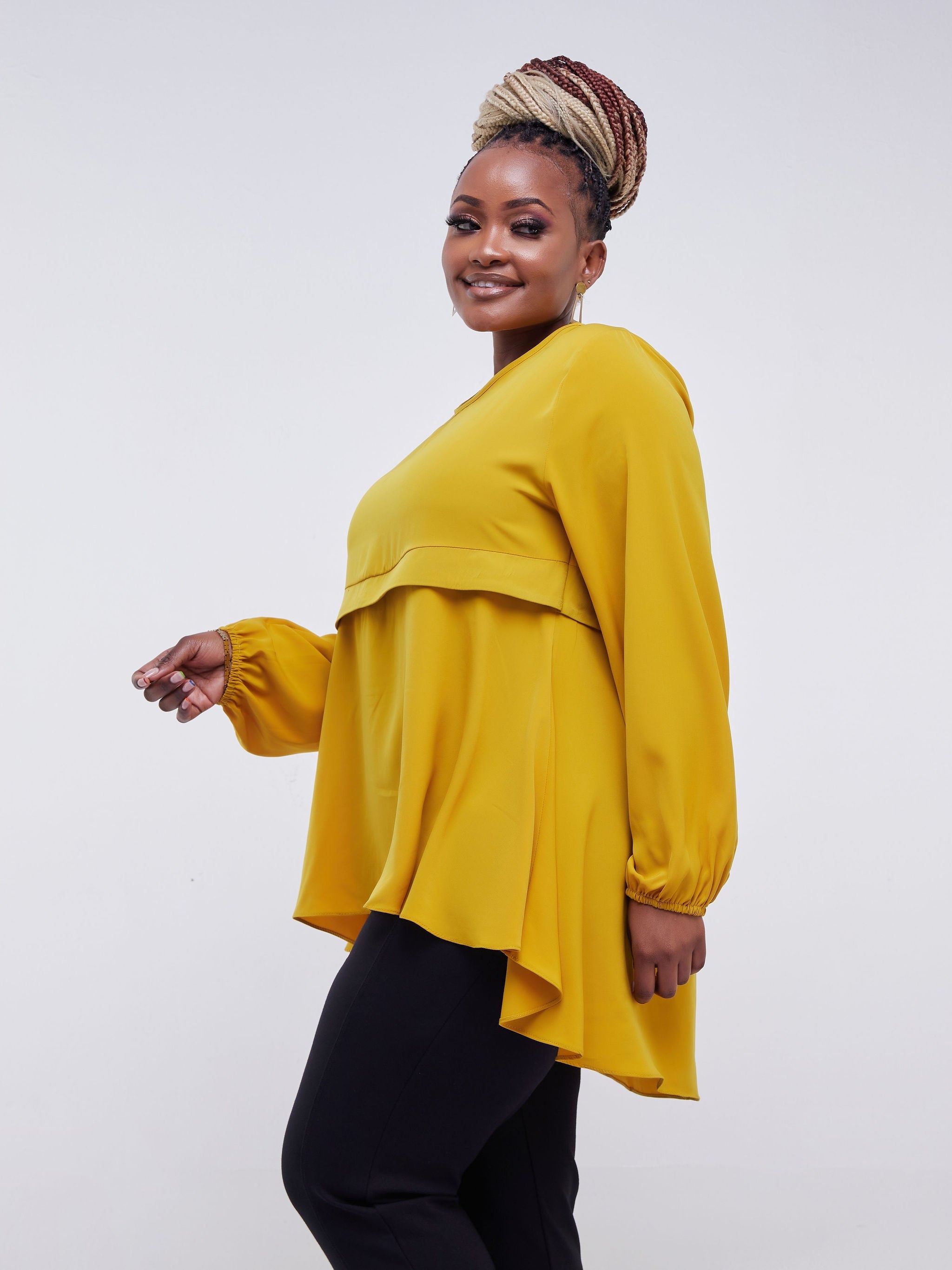 Vivo Jasiri Bishop Sleeve Cross Pleat Top - Mustard