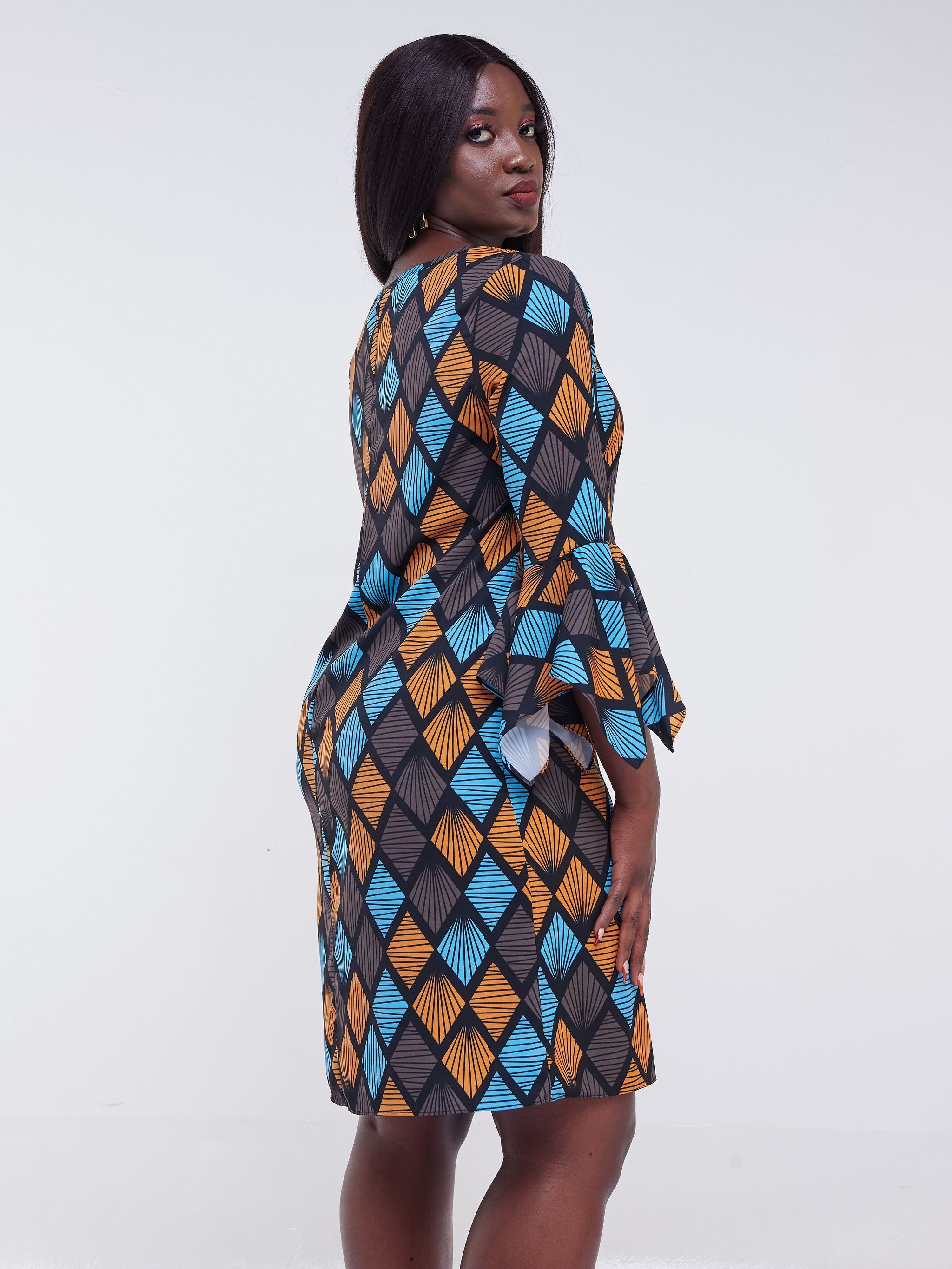 Vivo Jasiri 3/4 Drape Sleeve Shift Dress - Teal / White Print