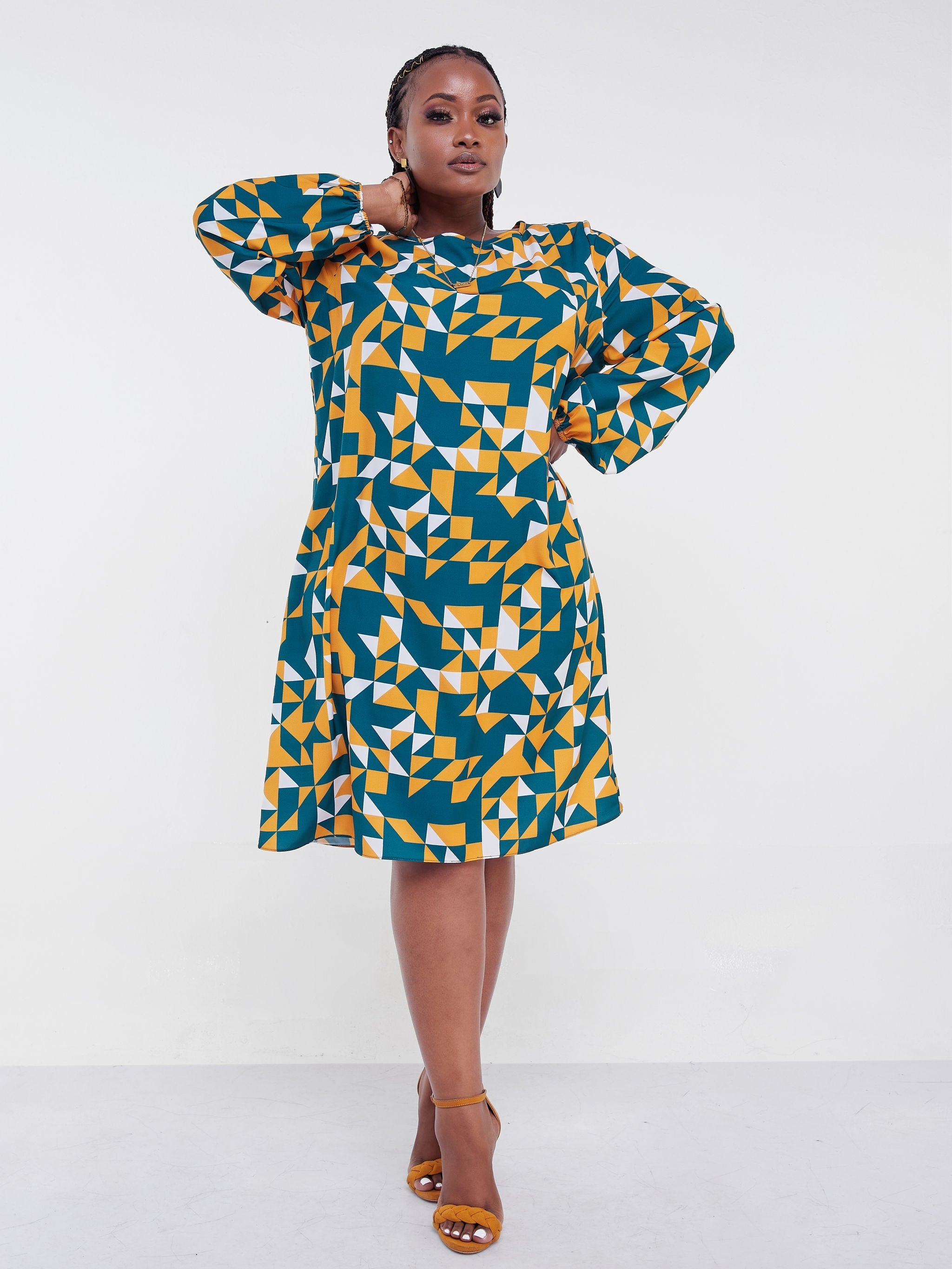 Vivo Jasiri Bishop Sleeve Shift Dress - Teal / Mustard Geometric Print